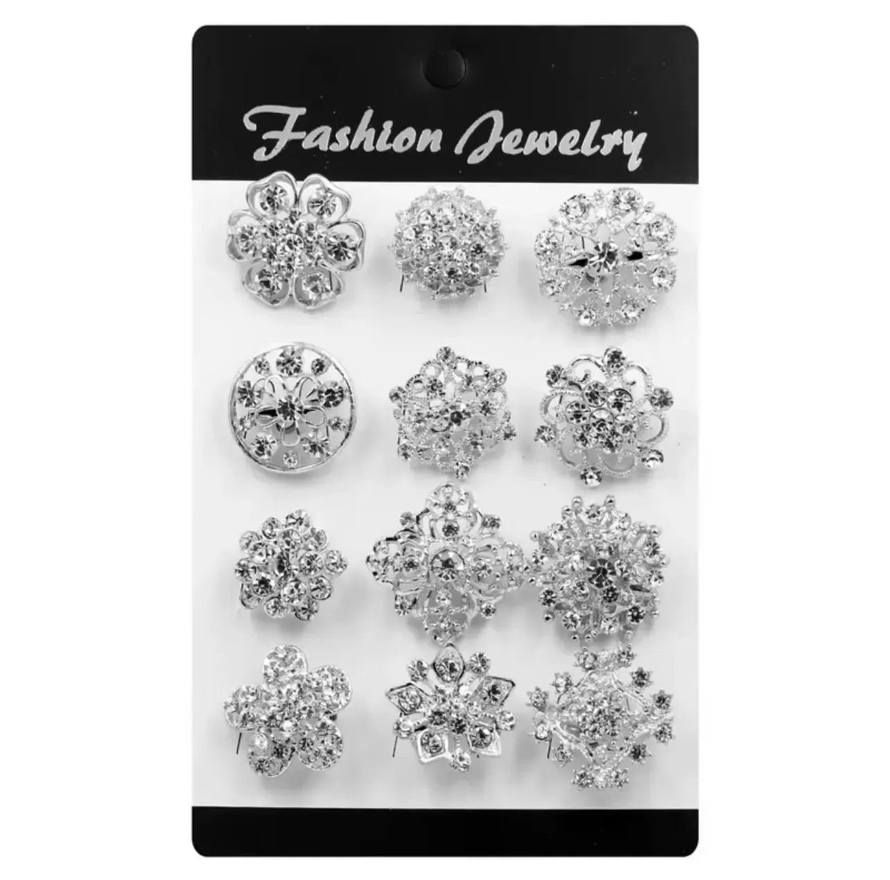 ✨ 12-Piece Silver Brooch Set – Clear Rhinestone