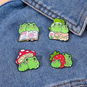 🍓🐸 Adorable Kawaii Strawberry & Frog Couple Enamel Pins - Cute Backpack Brooches! 🌟