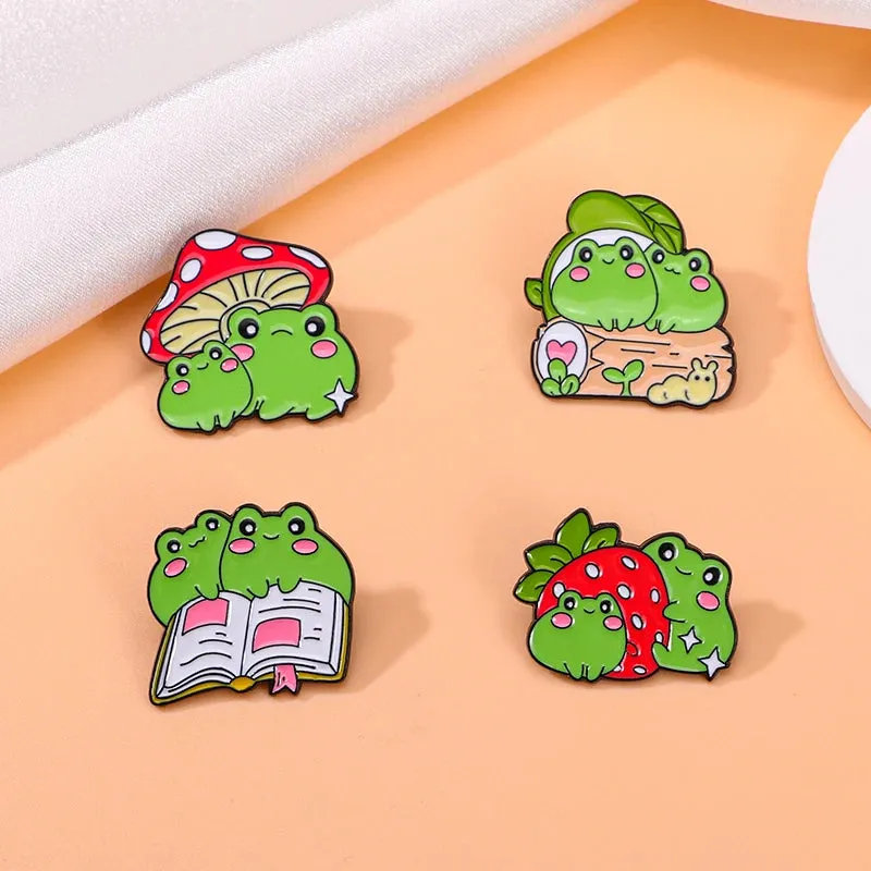 🍓🐸 Adorable Kawaii Strawberry & Frog Couple Enamel Pins - Cute Backpack Brooches! 🌟