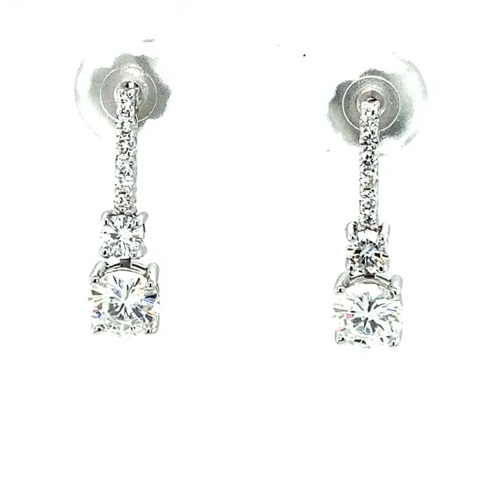 1.32 CTW DEW Round Moissanite Two-Stone Drop Earrings in 14K White Gold