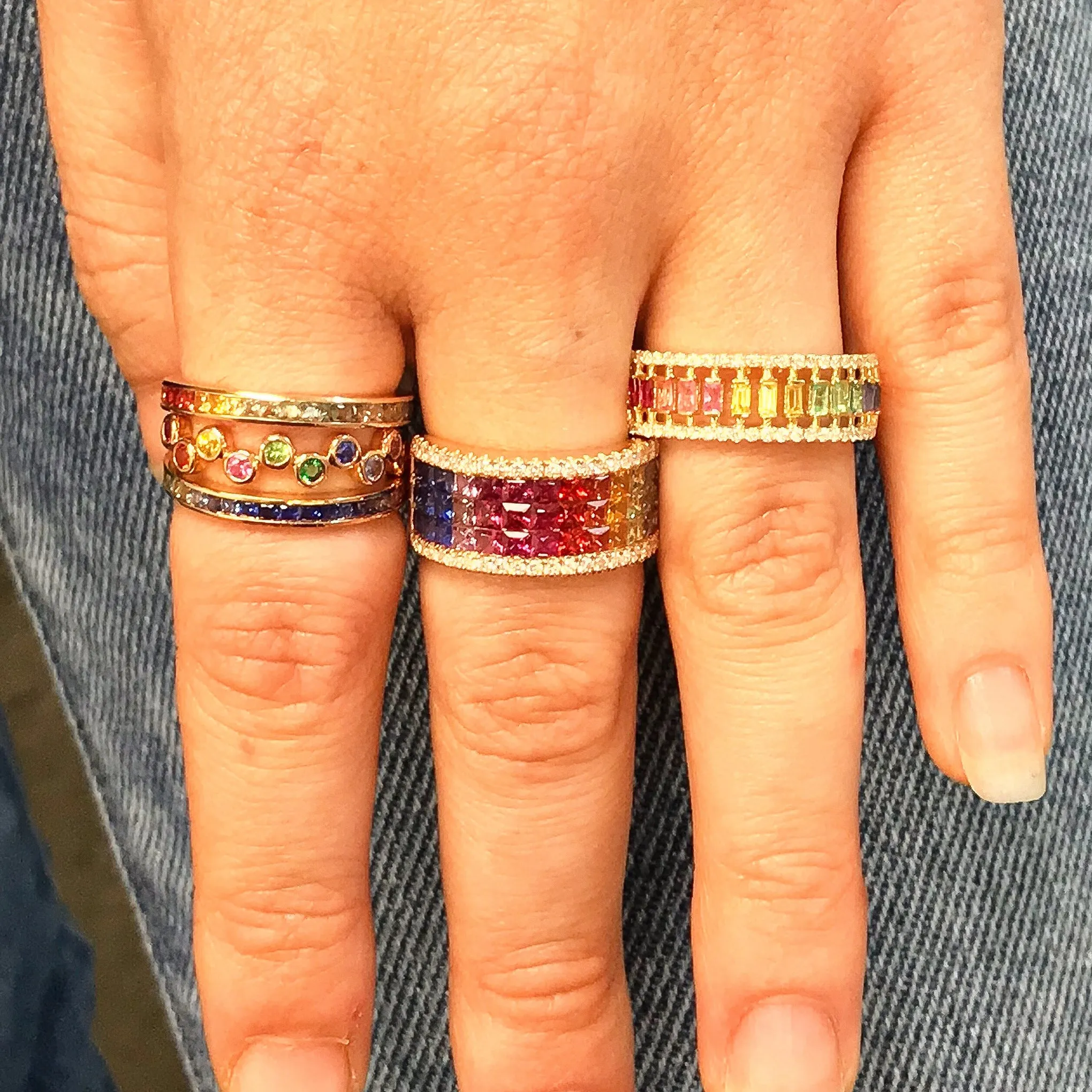14K Gold Channel Set Princess Cut Rainbow Gemstone Full Eternity Band ~ LIMITED EDITION