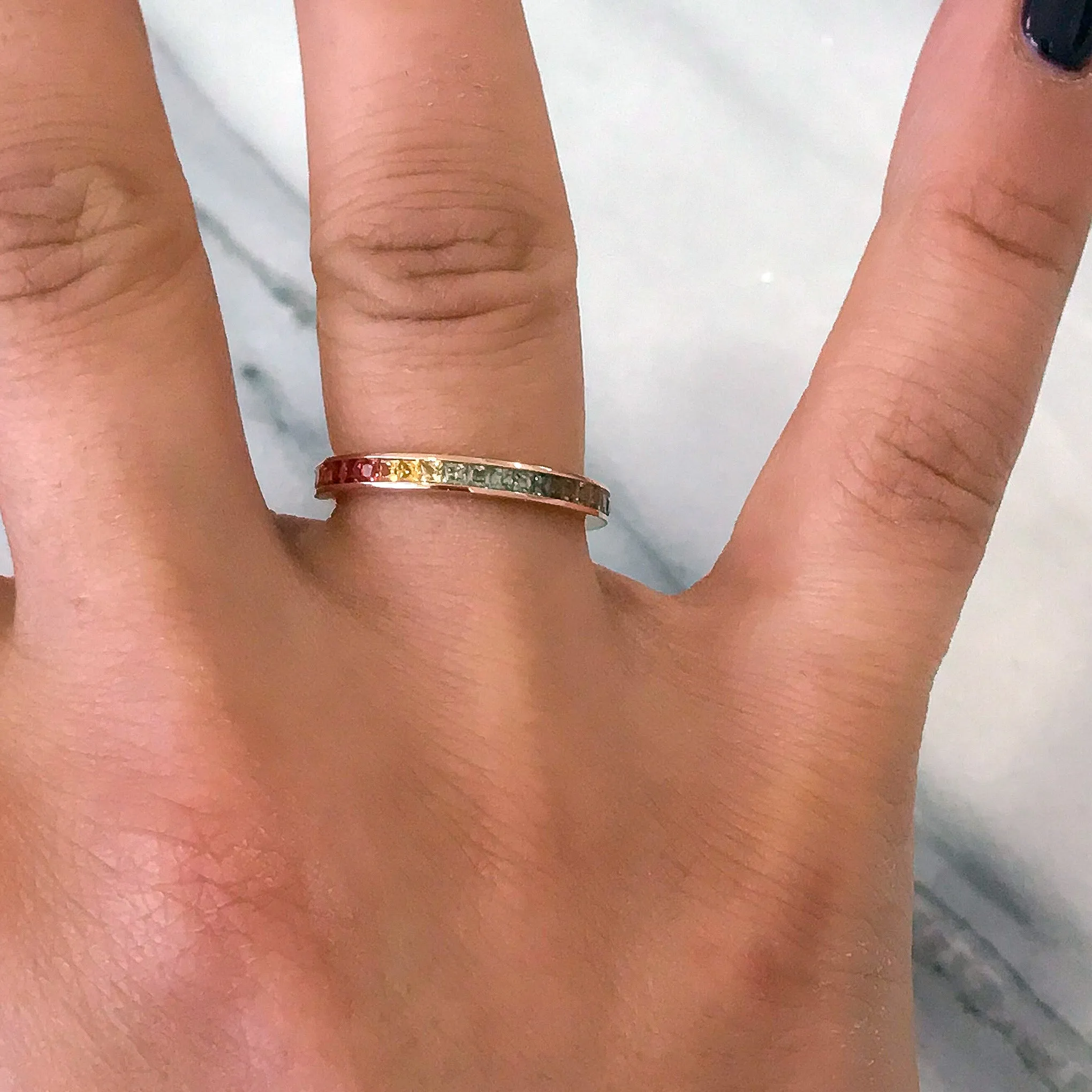14K Gold Channel Set Princess Cut Rainbow Gemstone Full Eternity Band ~ LIMITED EDITION