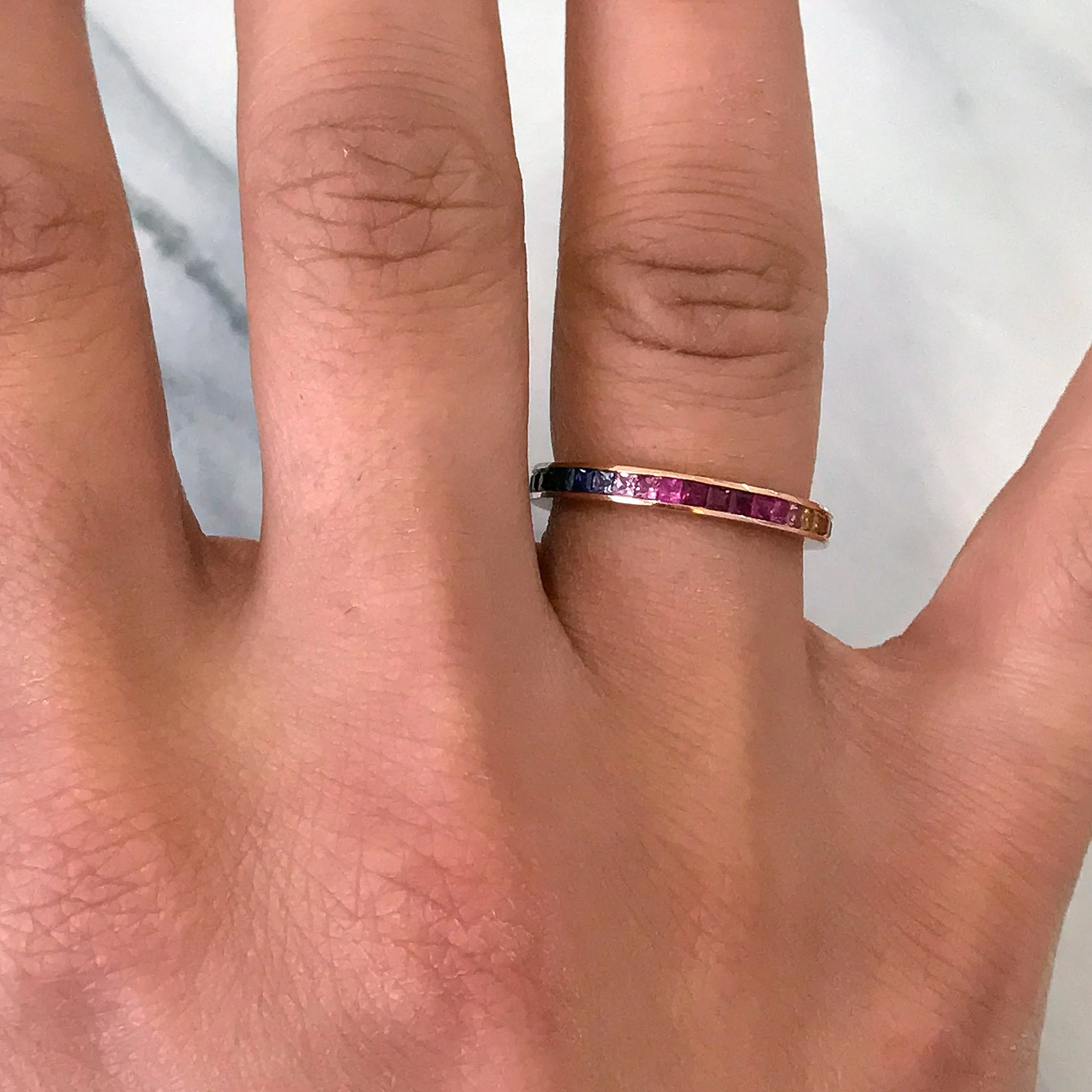 14K Gold Channel Set Princess Cut Rainbow Gemstone Full Eternity Band ~ LIMITED EDITION