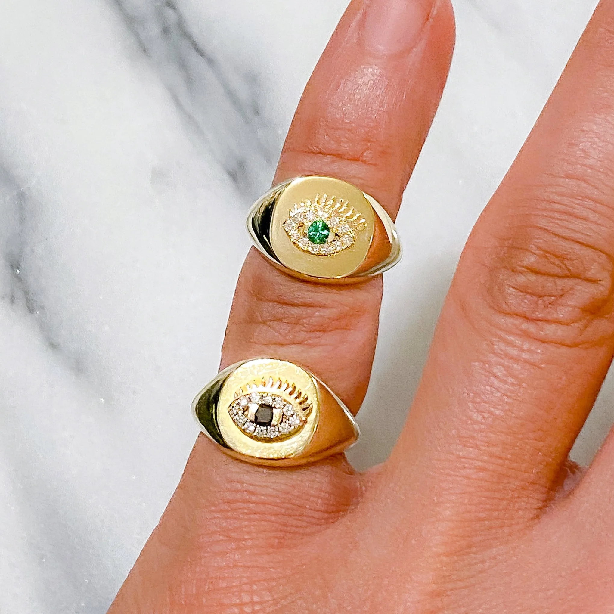 14K Gold Diamond Evil Eye Signet Ring