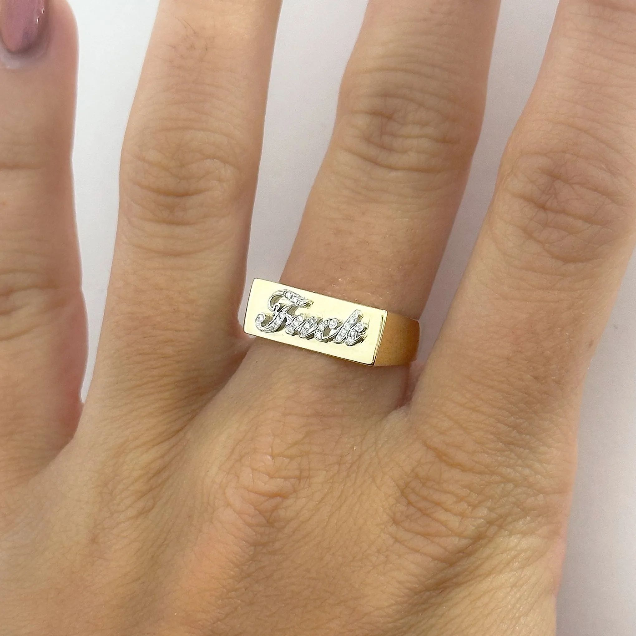 14K Gold Diamond "Fuck" Rectangle Signet Ring