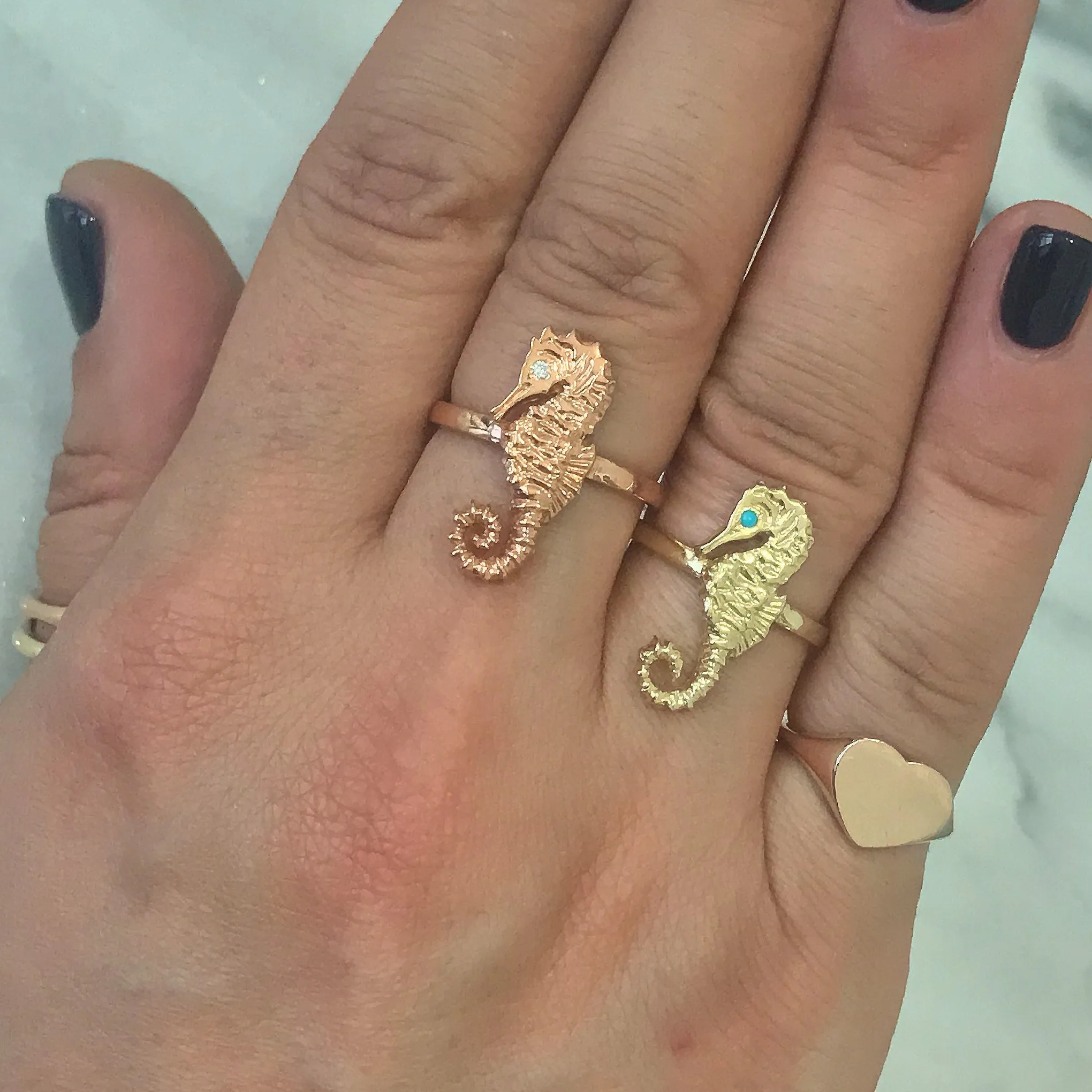 14K Gold Large Size Seahorse Ring with Diamond Eye