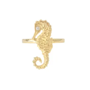 14K Gold Large Size Seahorse Ring with Diamond Eye