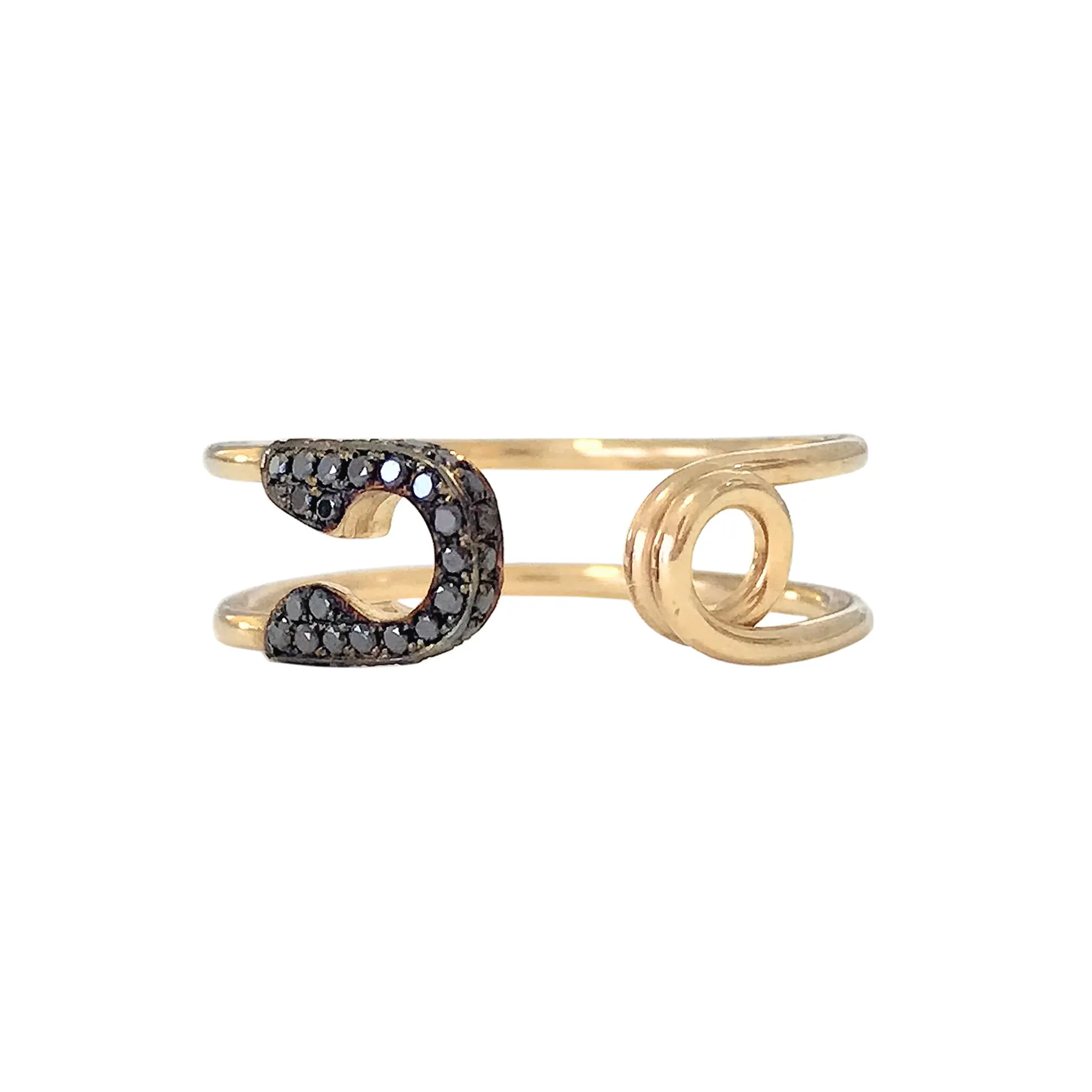 14K Gold Pavé Black Diamond Safety Pin Ring