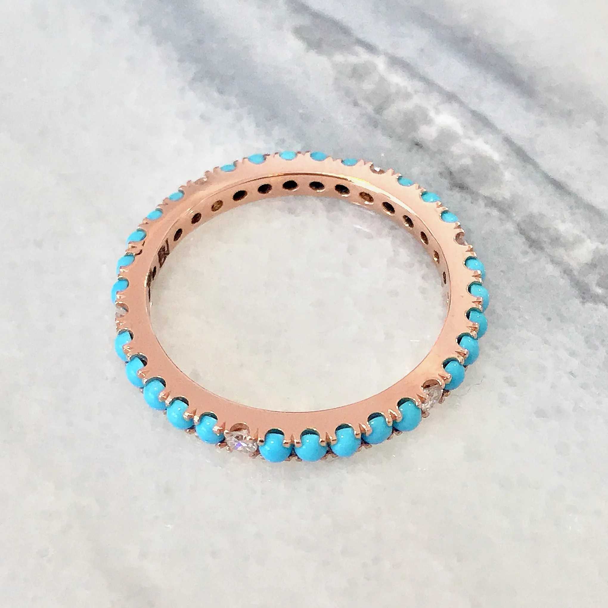 14K Gold Pavé Diamond & Turquoise Gemstone Full Eternity Band