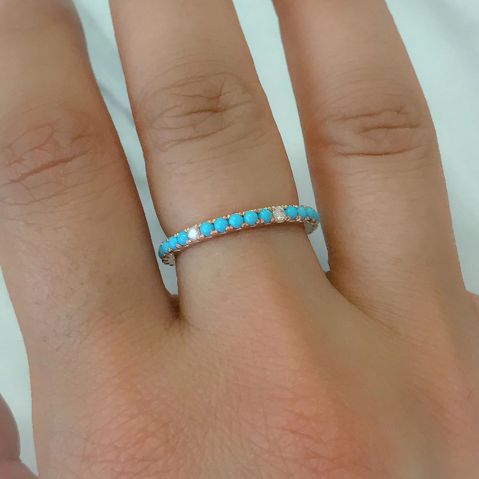 14K Gold Pavé Diamond & Turquoise Gemstone Full Eternity Band