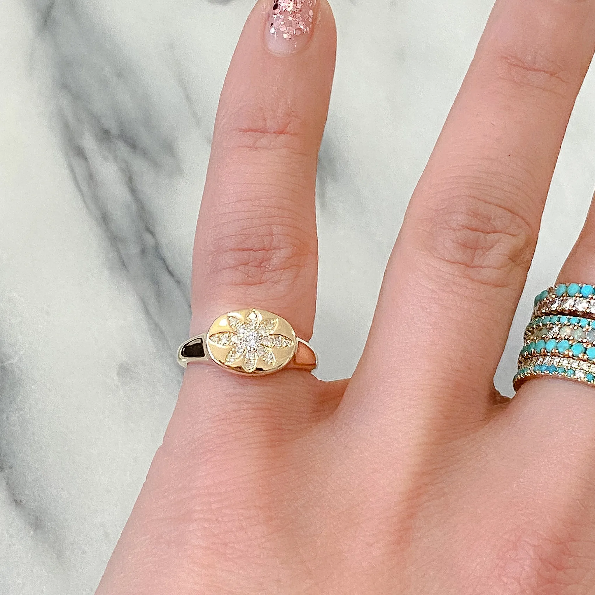 14K Gold Pavé Diamond Daisy Oval Signet Ring ~ LIMITED EDITION