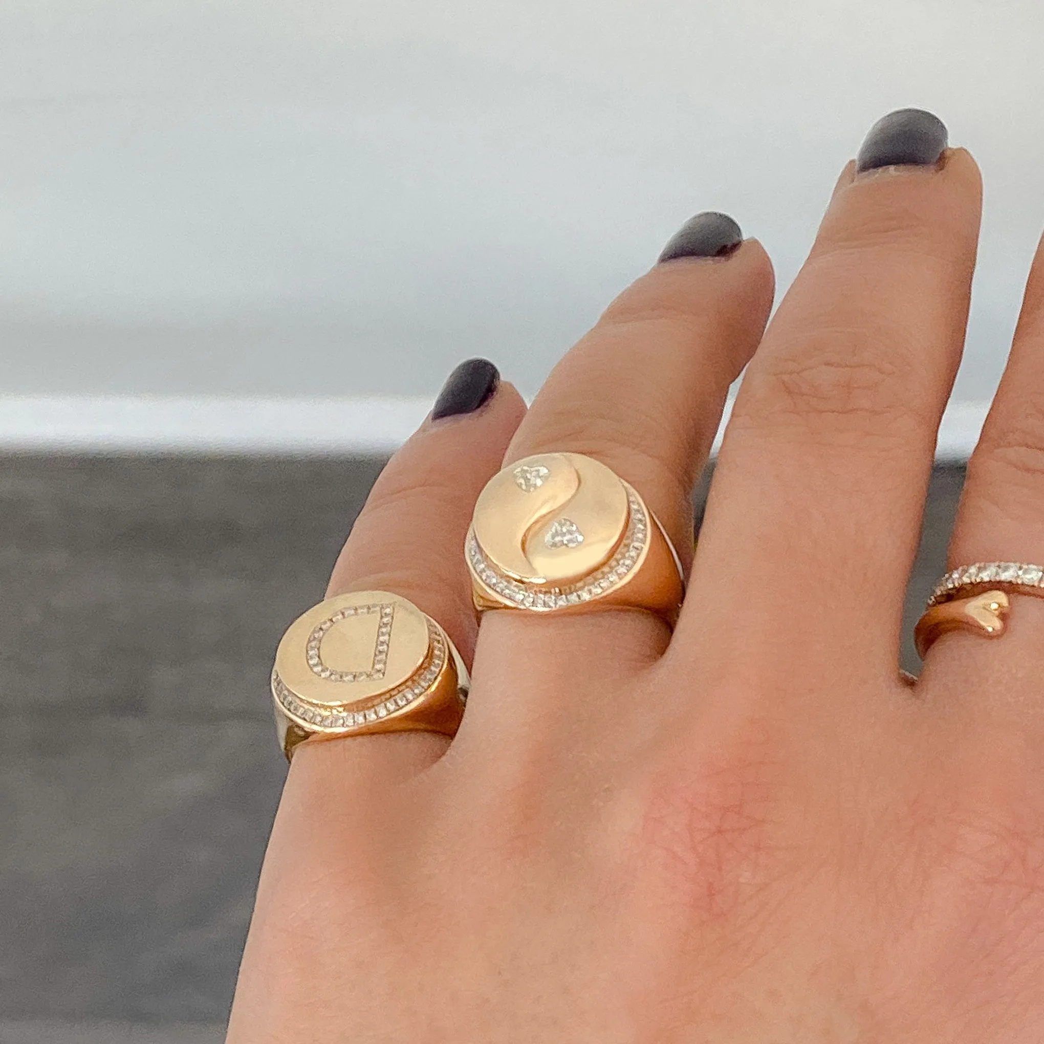 14K Gold Pavé Diamond Initial Large Round Signet Ring