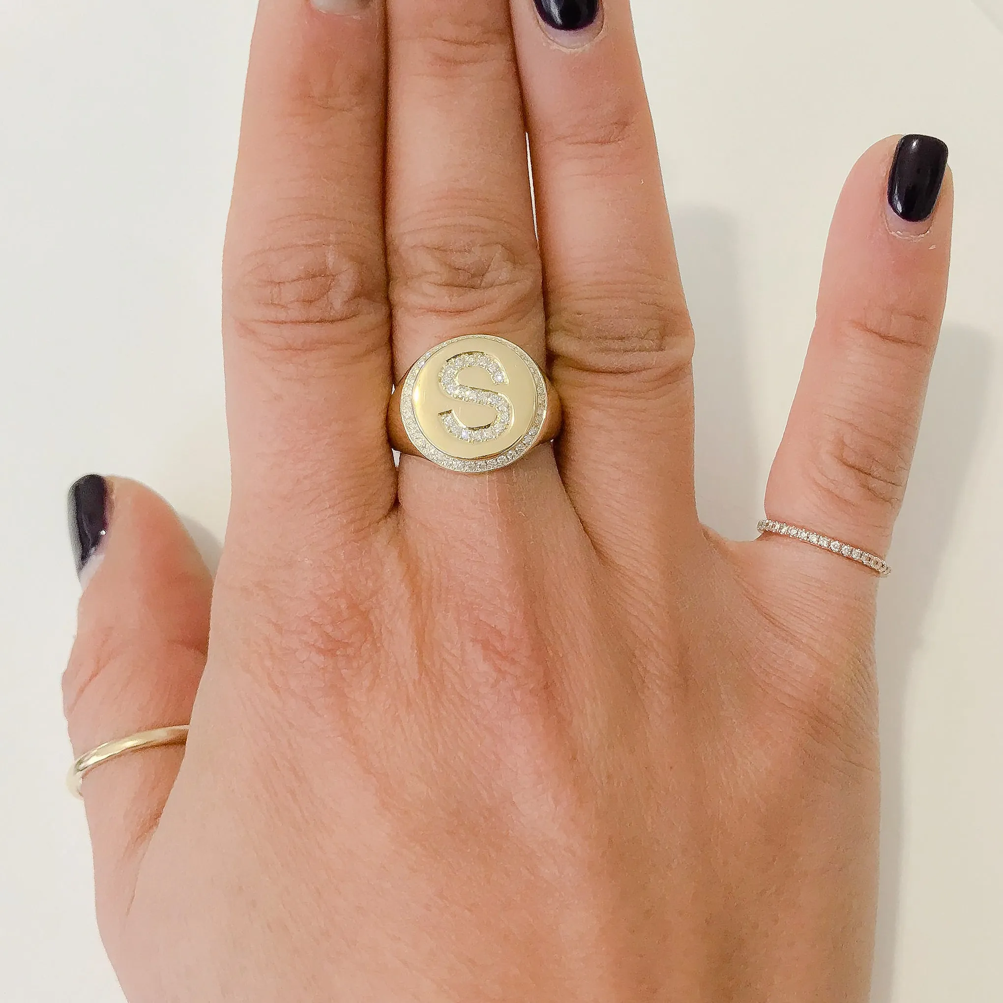 14K Gold Pavé Diamond Initial Large Round Signet Ring