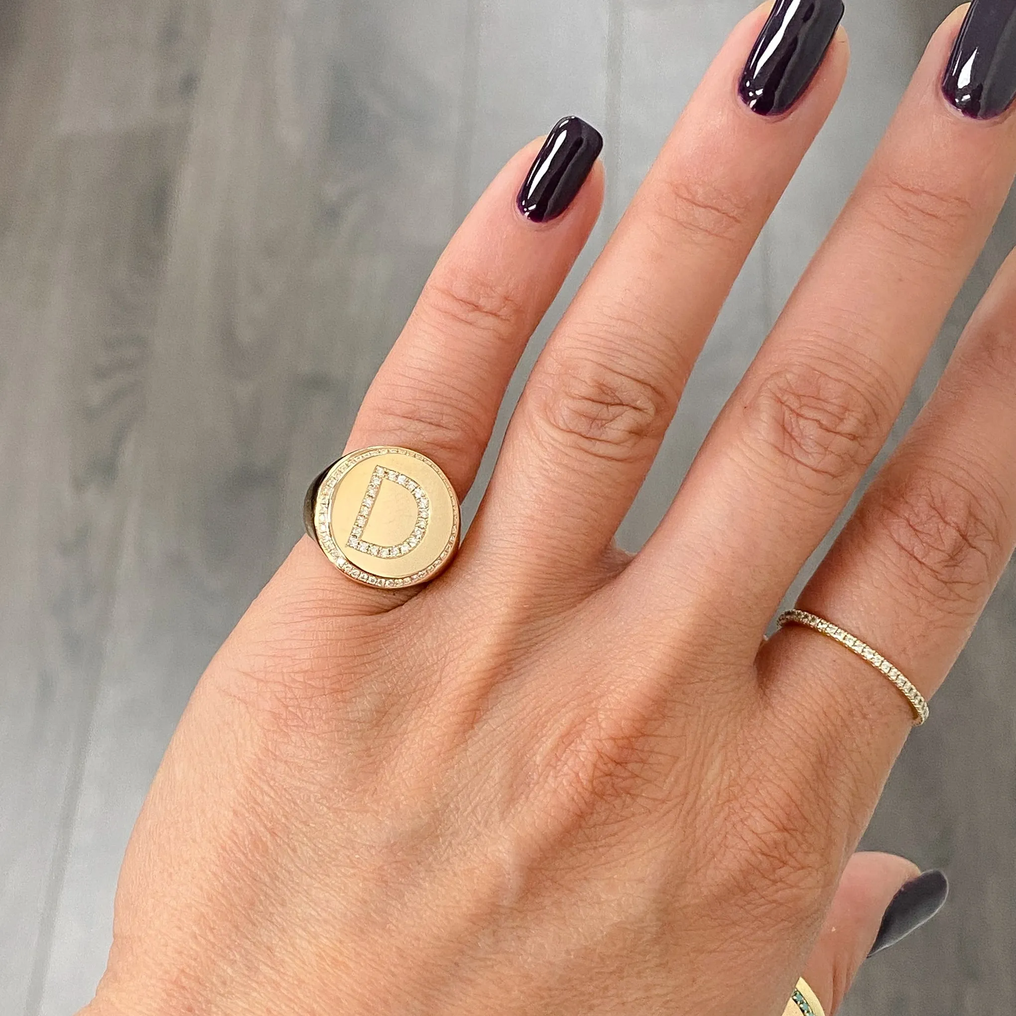 14K Gold Pavé Diamond Initial Large Round Signet Ring