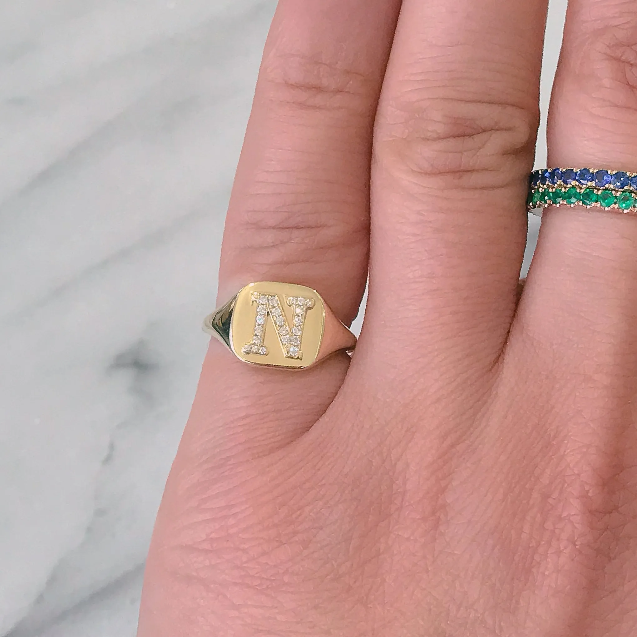 14K Gold Pavé Diamond Initial Square Signet Ring