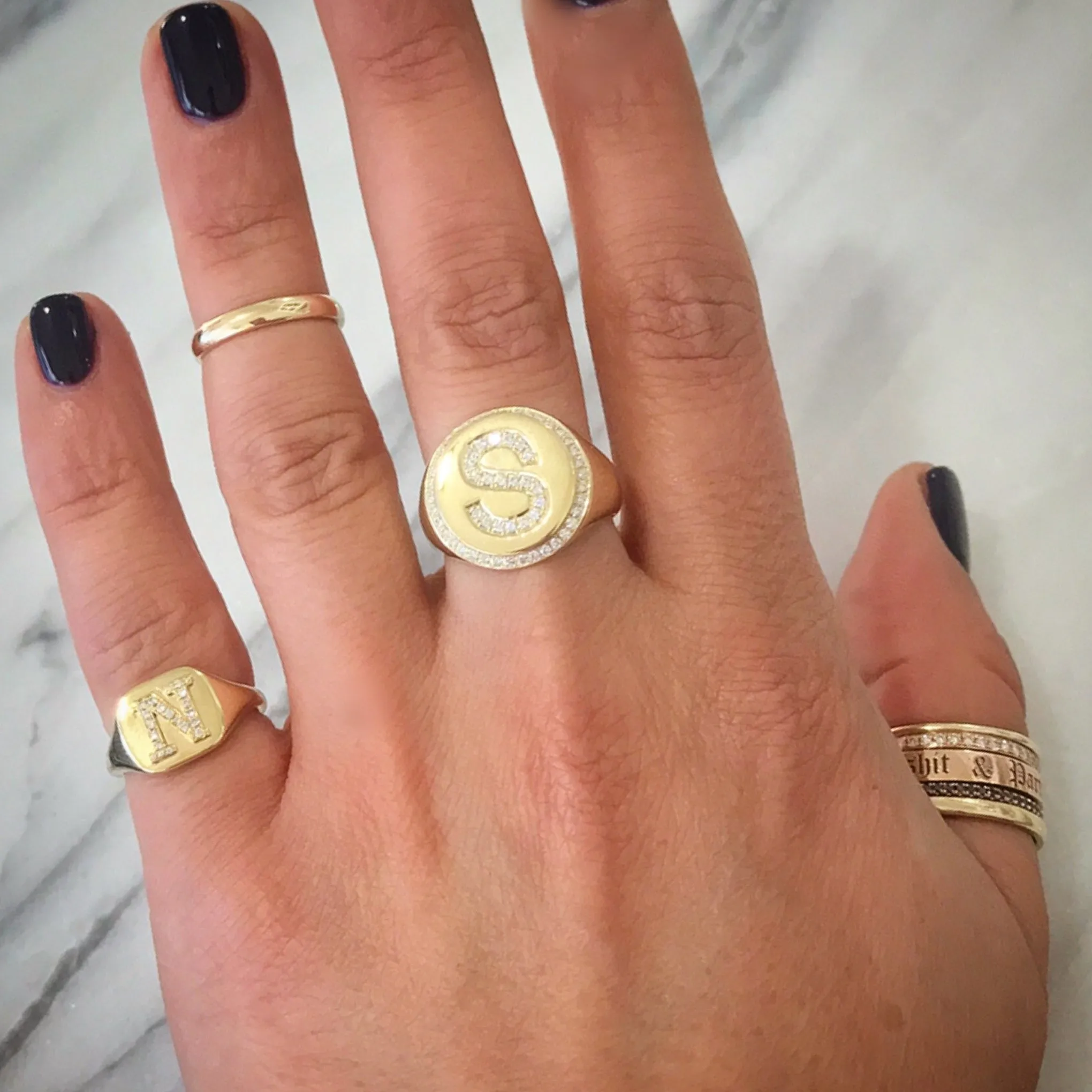 14K Gold Pavé Diamond Initial Square Signet Ring