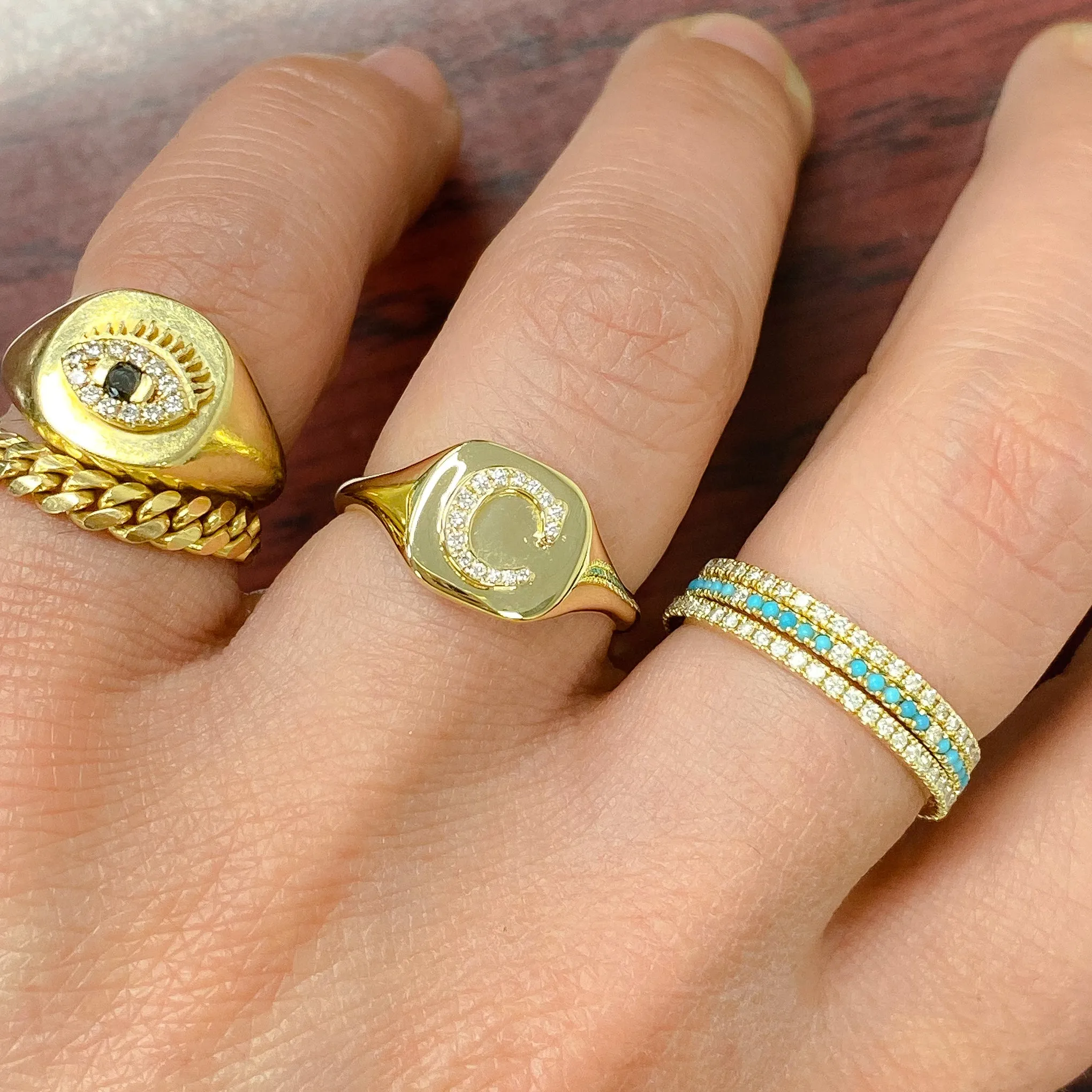 14K Gold Pavé Diamond Initial Square Signet Ring
