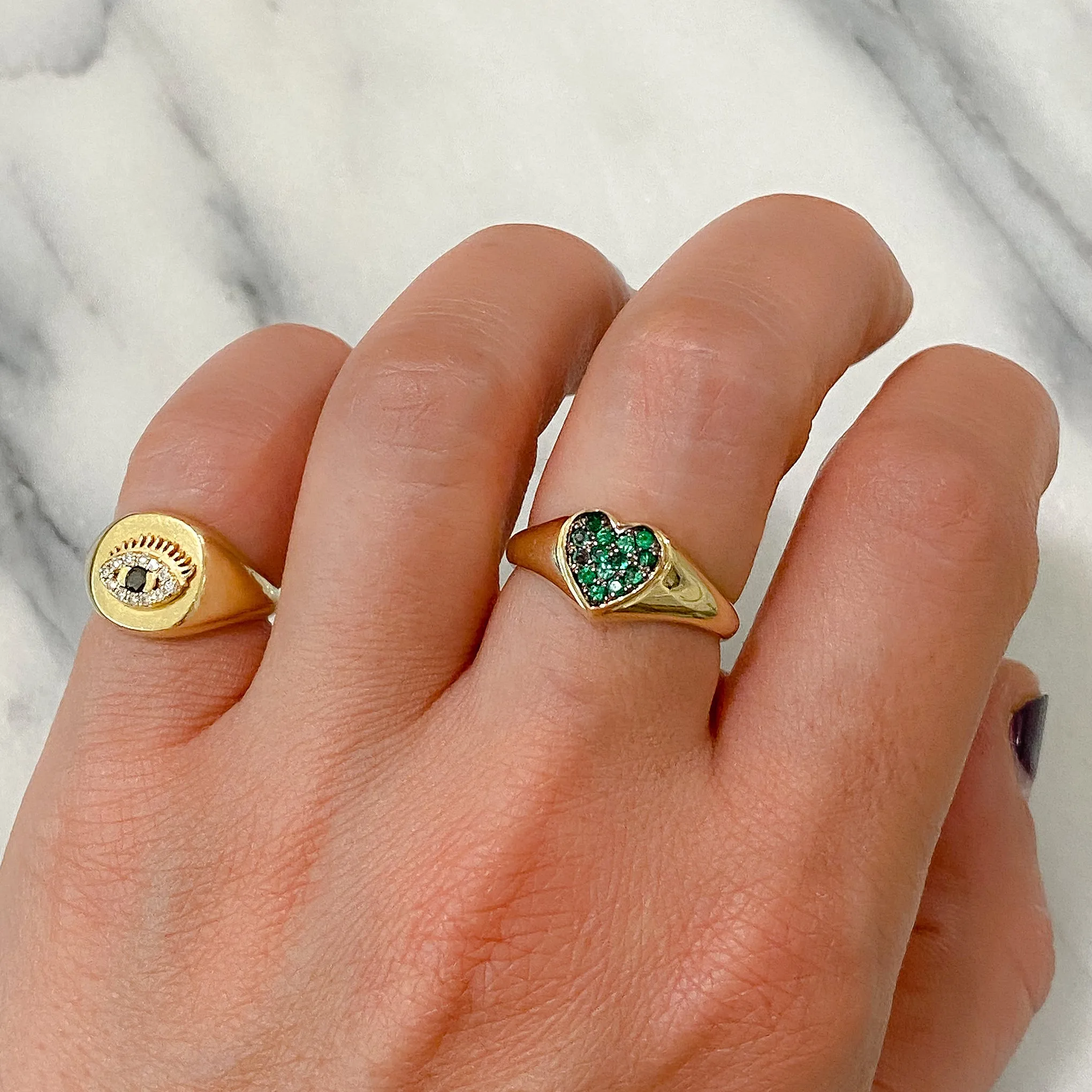 14K Gold Pavé Emerald Heart Signet Ring