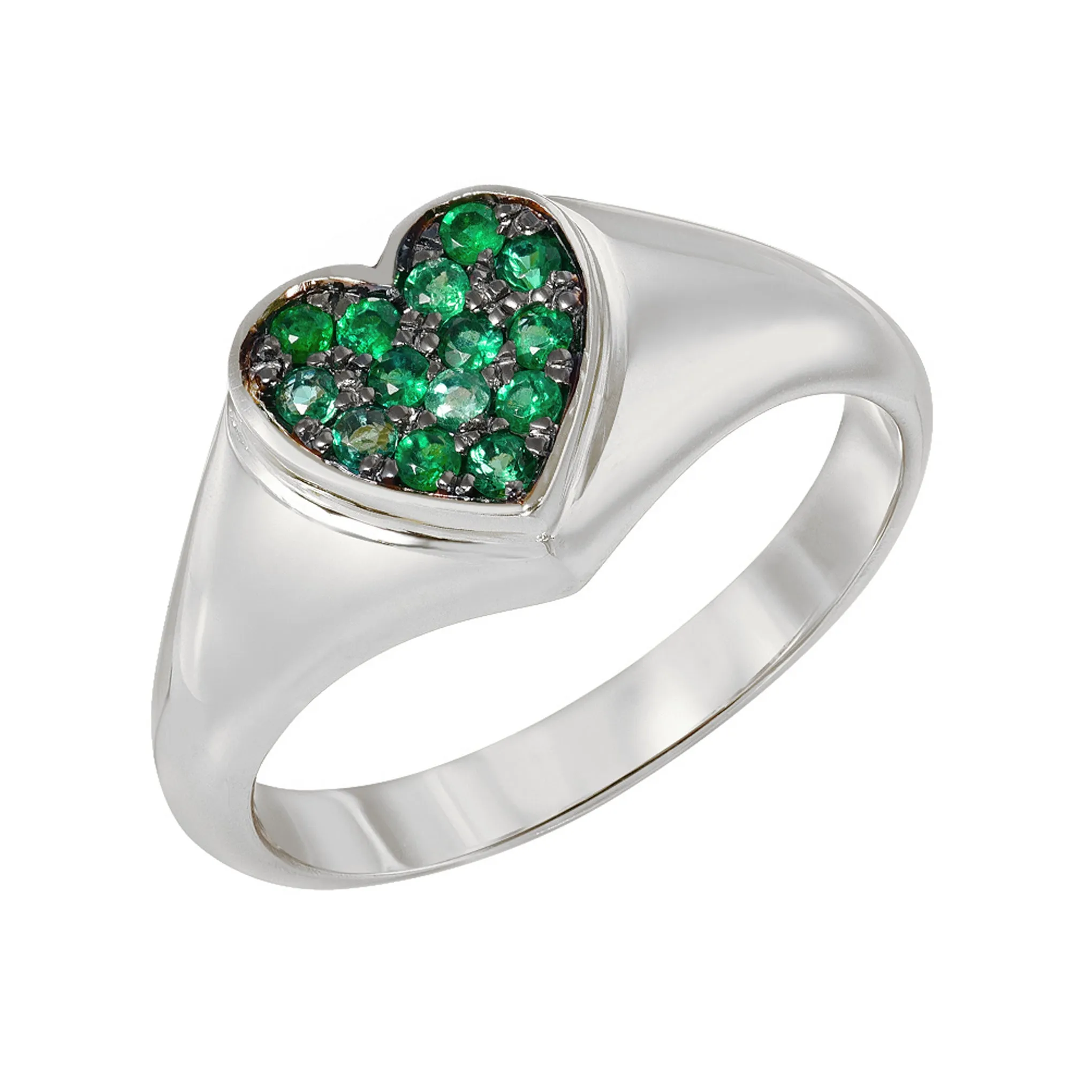 14K Gold Pavé Emerald Heart Signet Ring