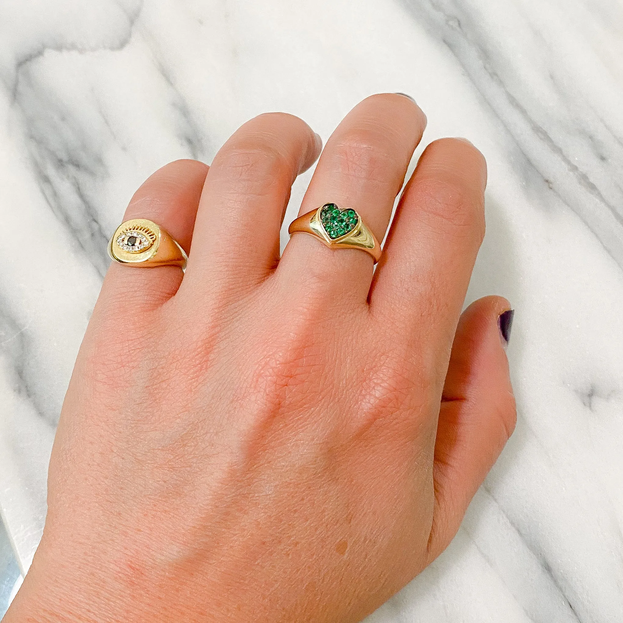 14K Gold Pavé Emerald Heart Signet Ring