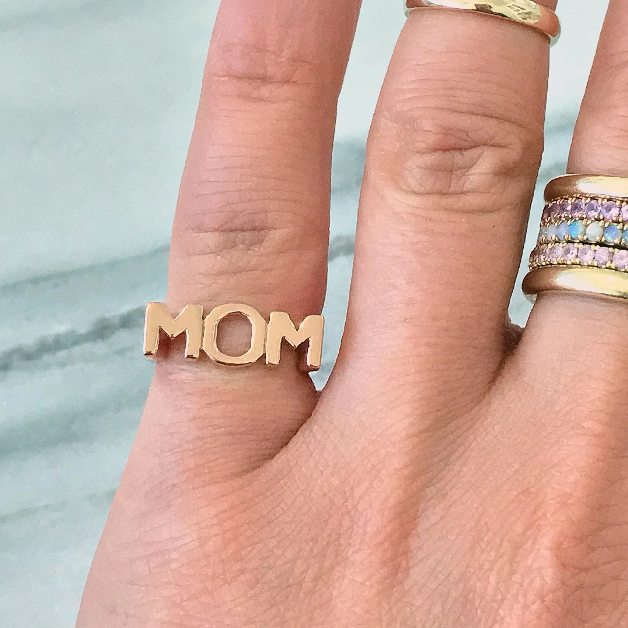 14K Gold "MOM" Monogram Initial Ring