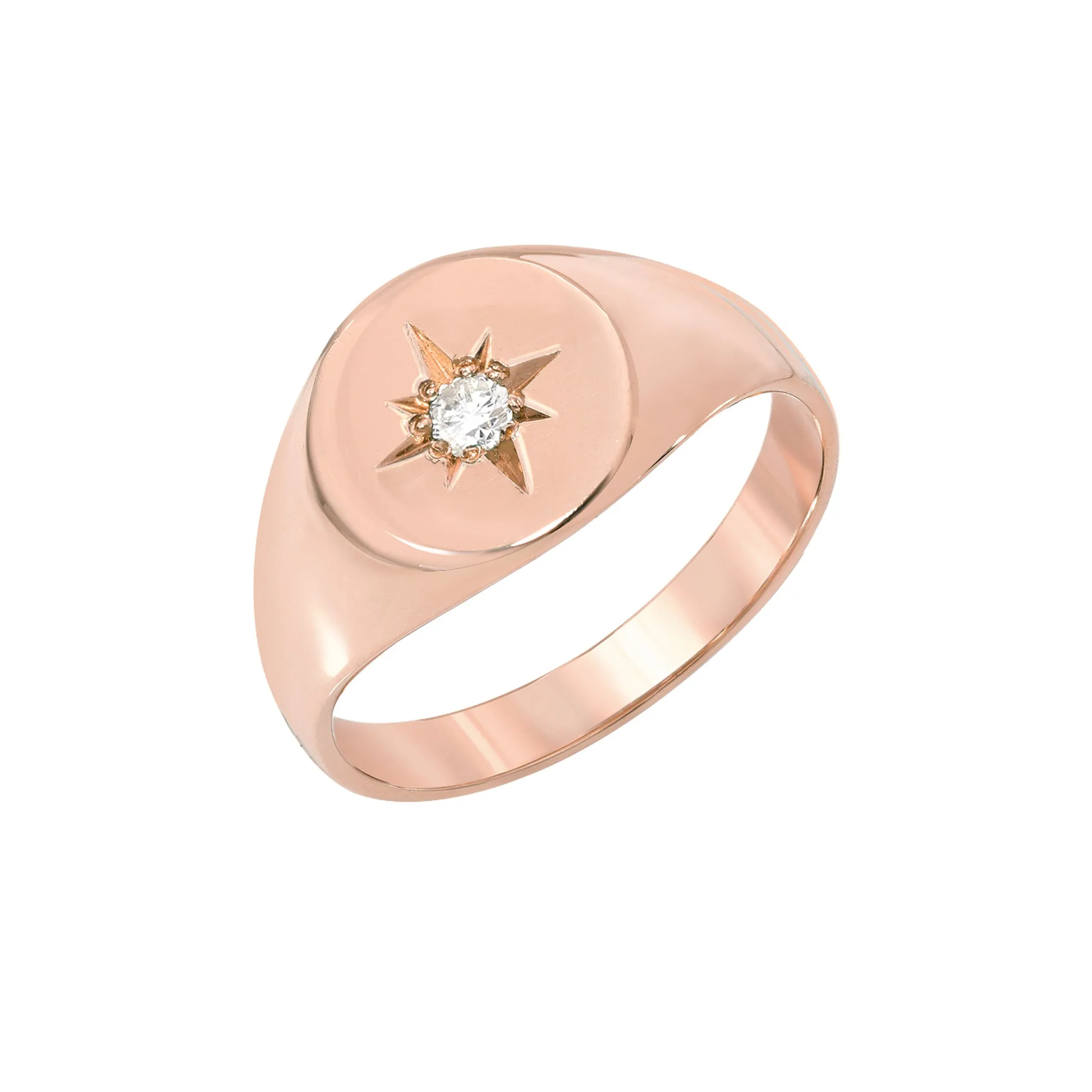 14K Gold Star Set Diamond Round Signet Ring