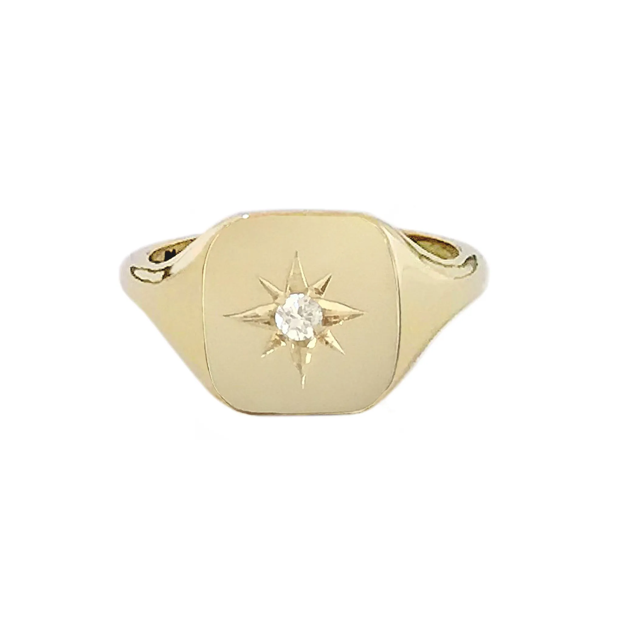 14K Gold Star Set Diamond Square Signet Ring
