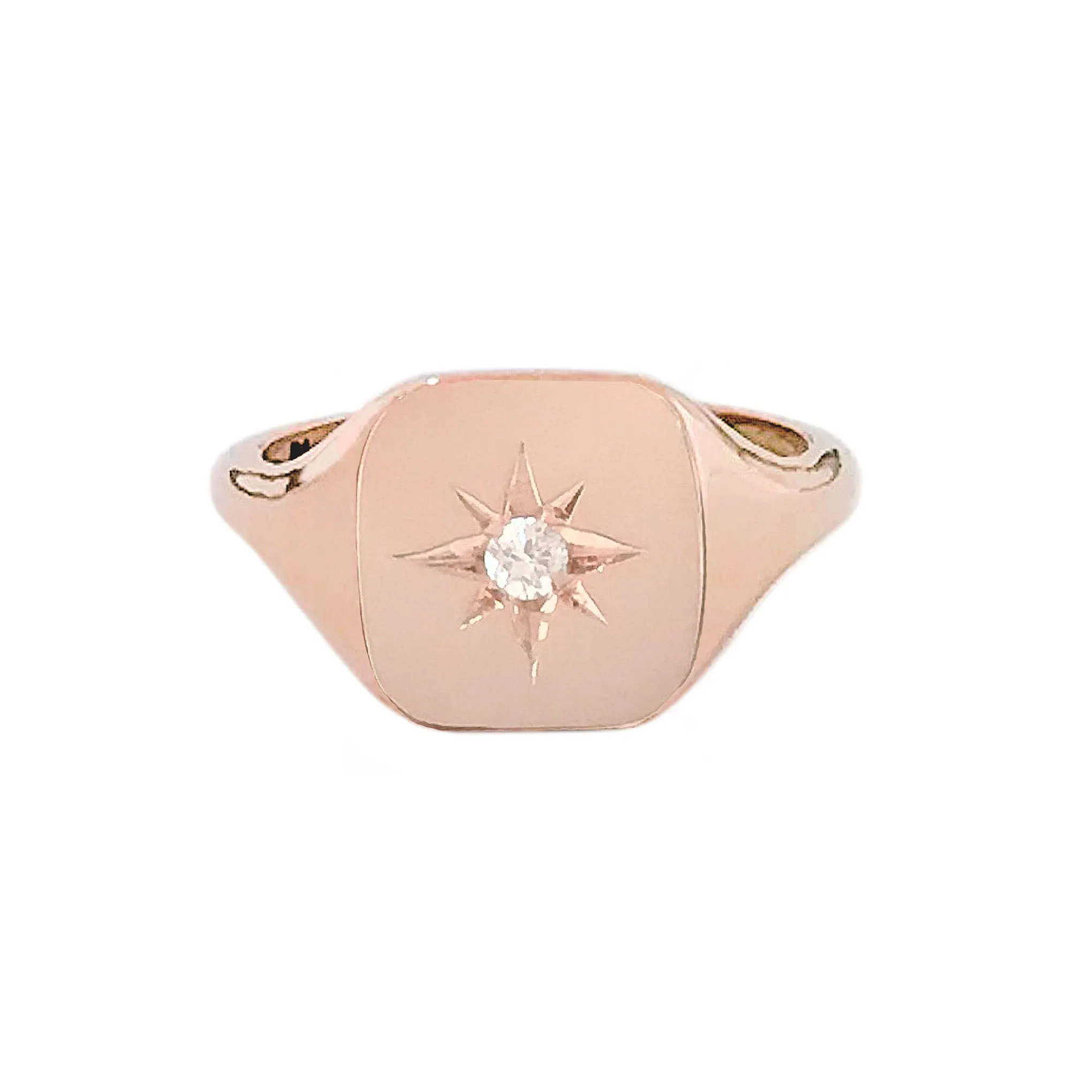 14K Gold Star Set Diamond Square Signet Ring