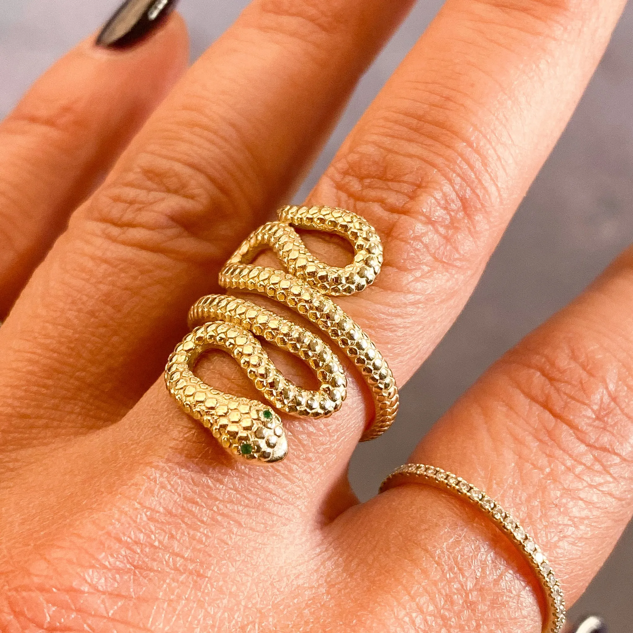 14K Gold Swivel Serpent Snake Wrap Ring ~ Emerald Eyes