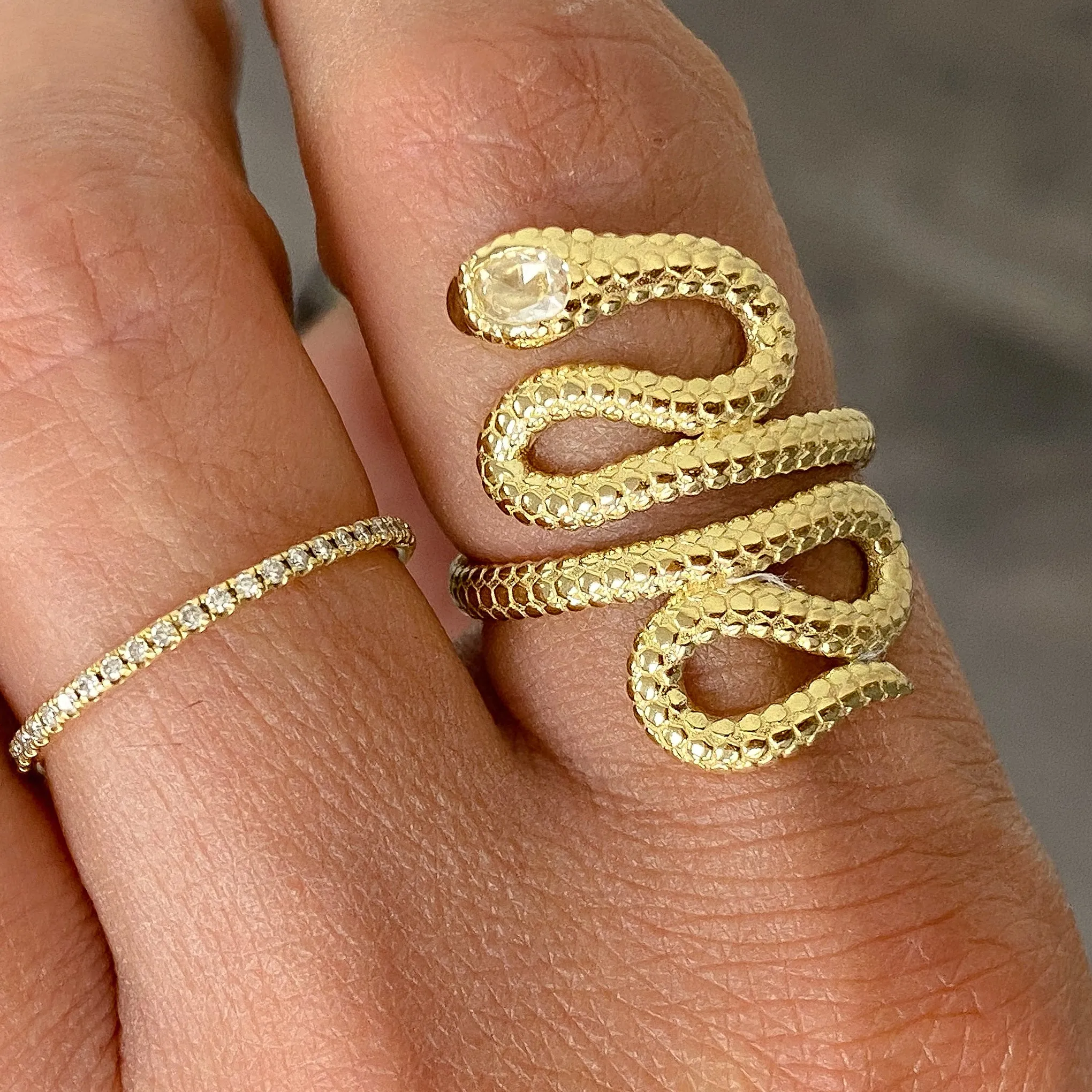 14K Gold Swivel Serpent Snake Wrap Ring ~ Oval Rose Cut Diamond Head, LIMITED EDITION