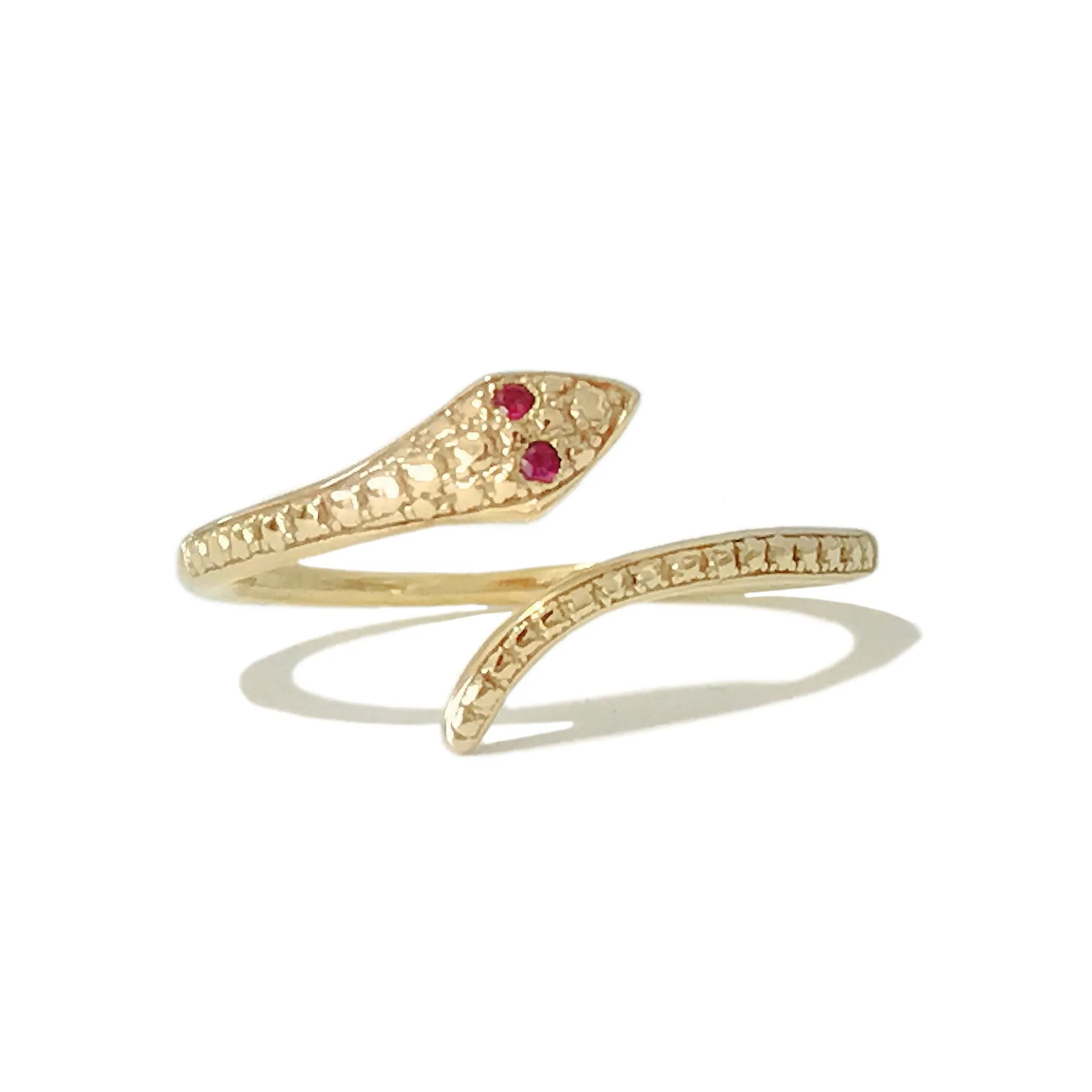 14K Gold Thin Snake Wrap Bypass Ring with Ruby Eyes