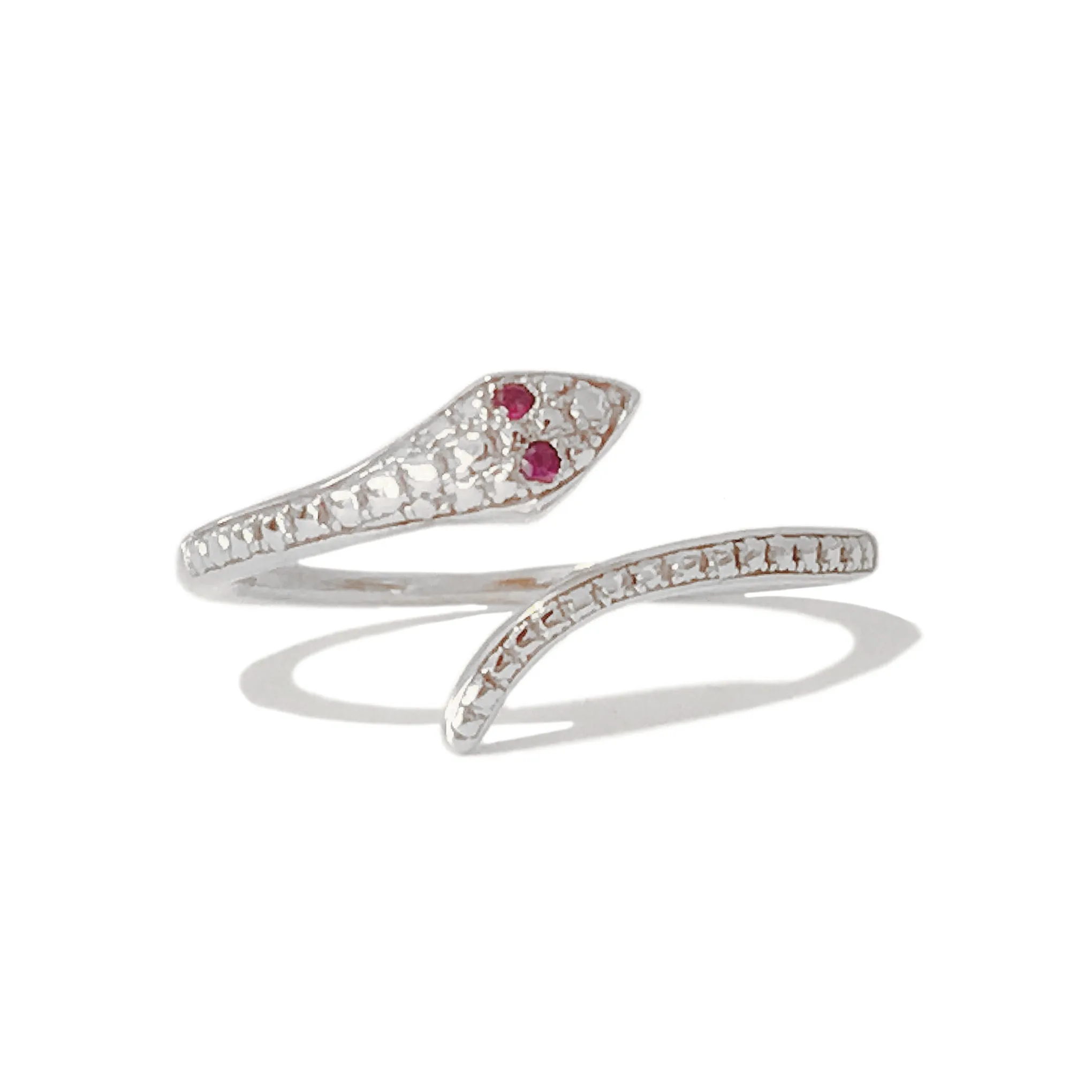 14K Gold Thin Snake Wrap Bypass Ring with Ruby Eyes