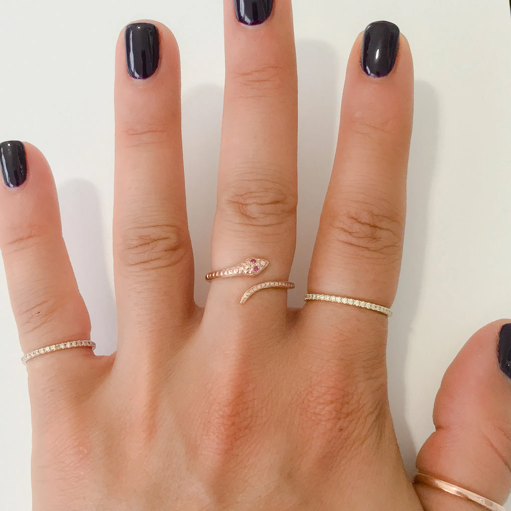 14K Gold Thin Snake Wrap Bypass Ring with Ruby Eyes