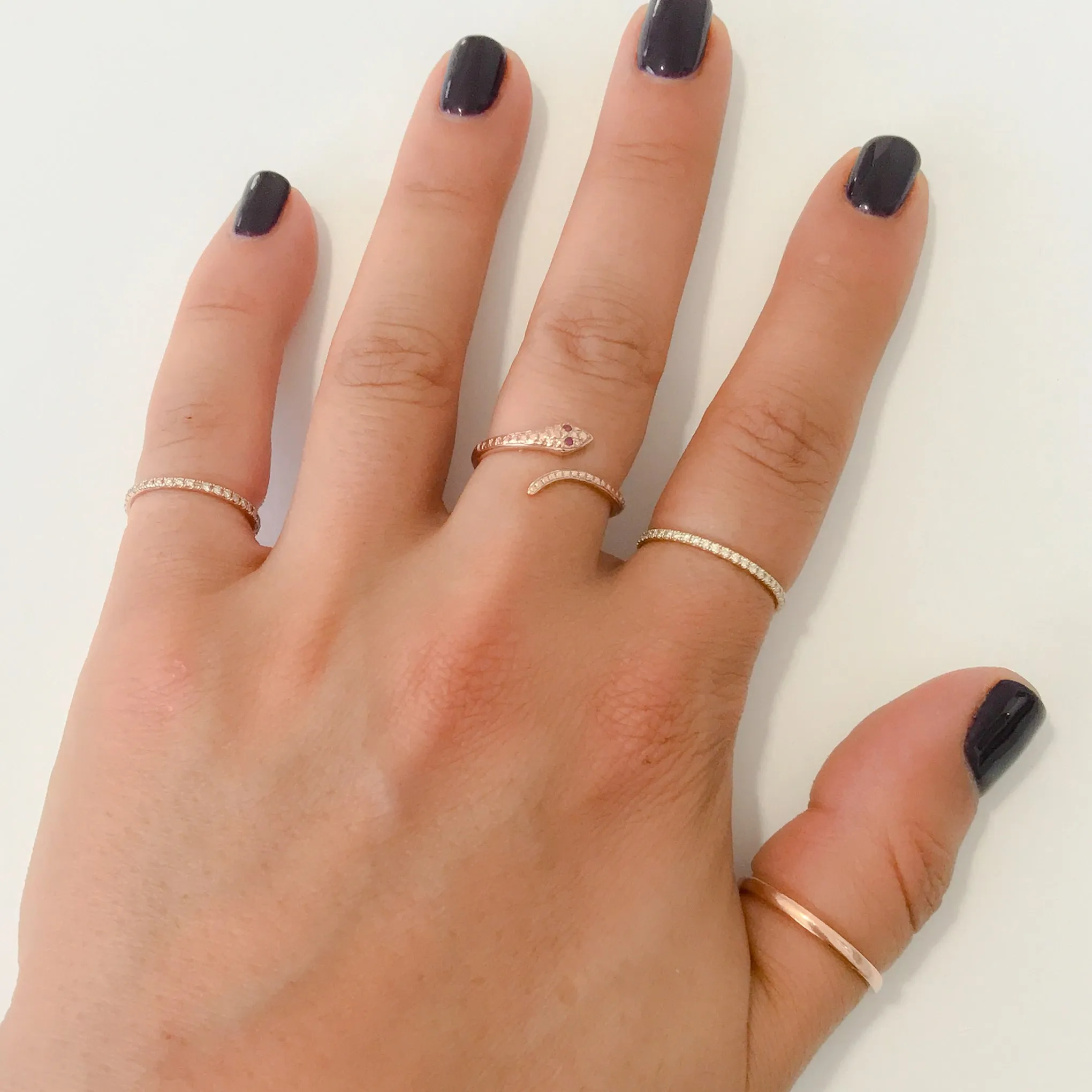 14K Gold Thin Snake Wrap Bypass Ring with Ruby Eyes