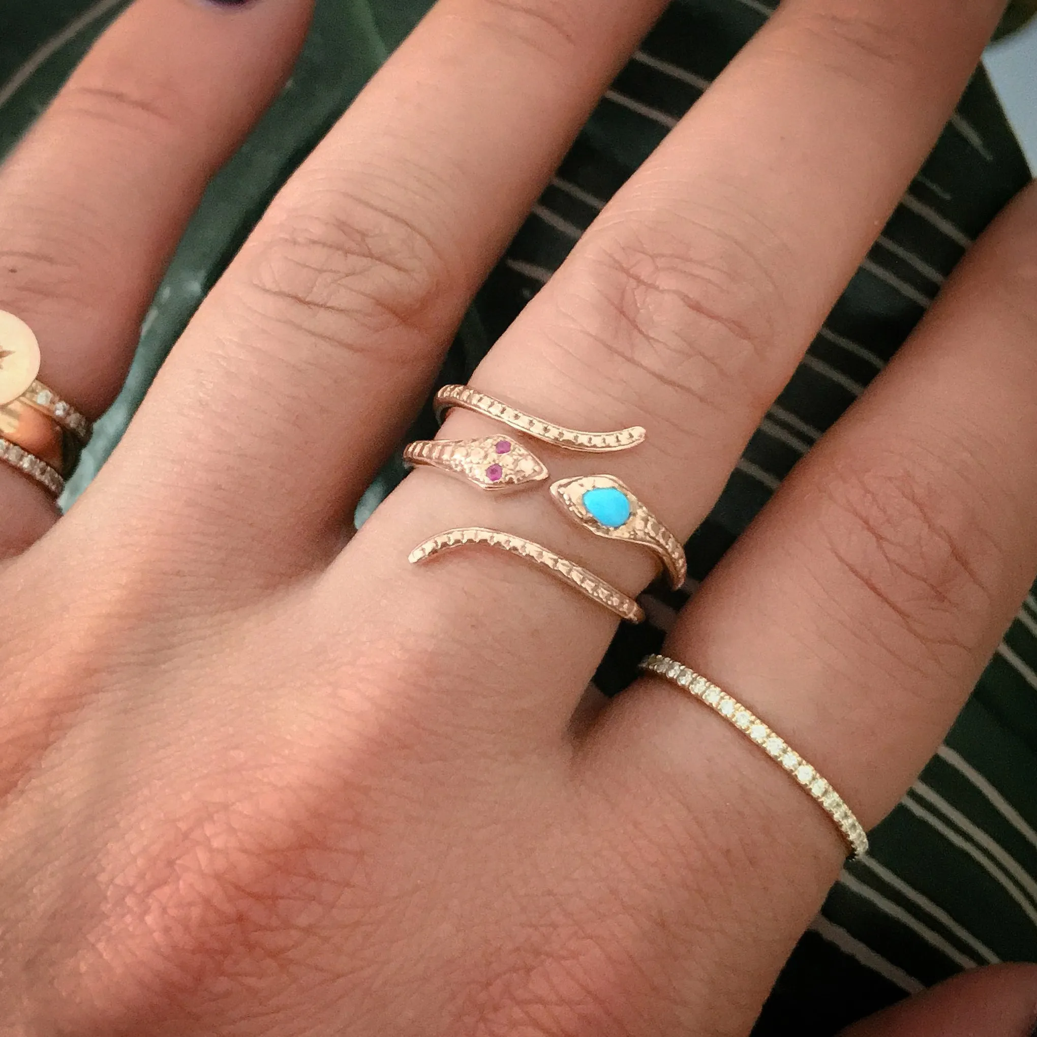 14K Gold Thin Snake Wrap Bypass Ring with Ruby Eyes