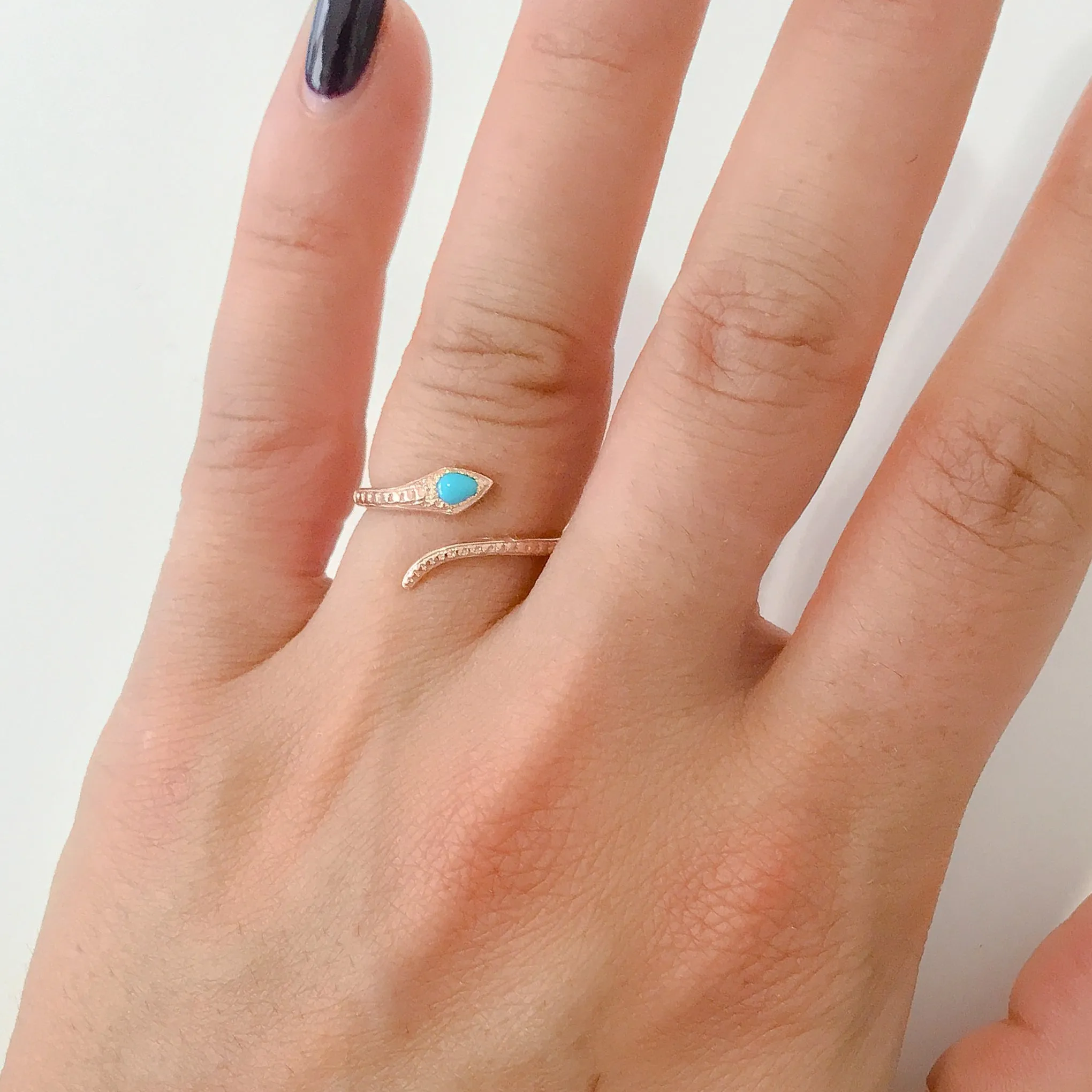 14K Gold Thin Snake Wrap Bypass Ring with Turquoise Cobra Head