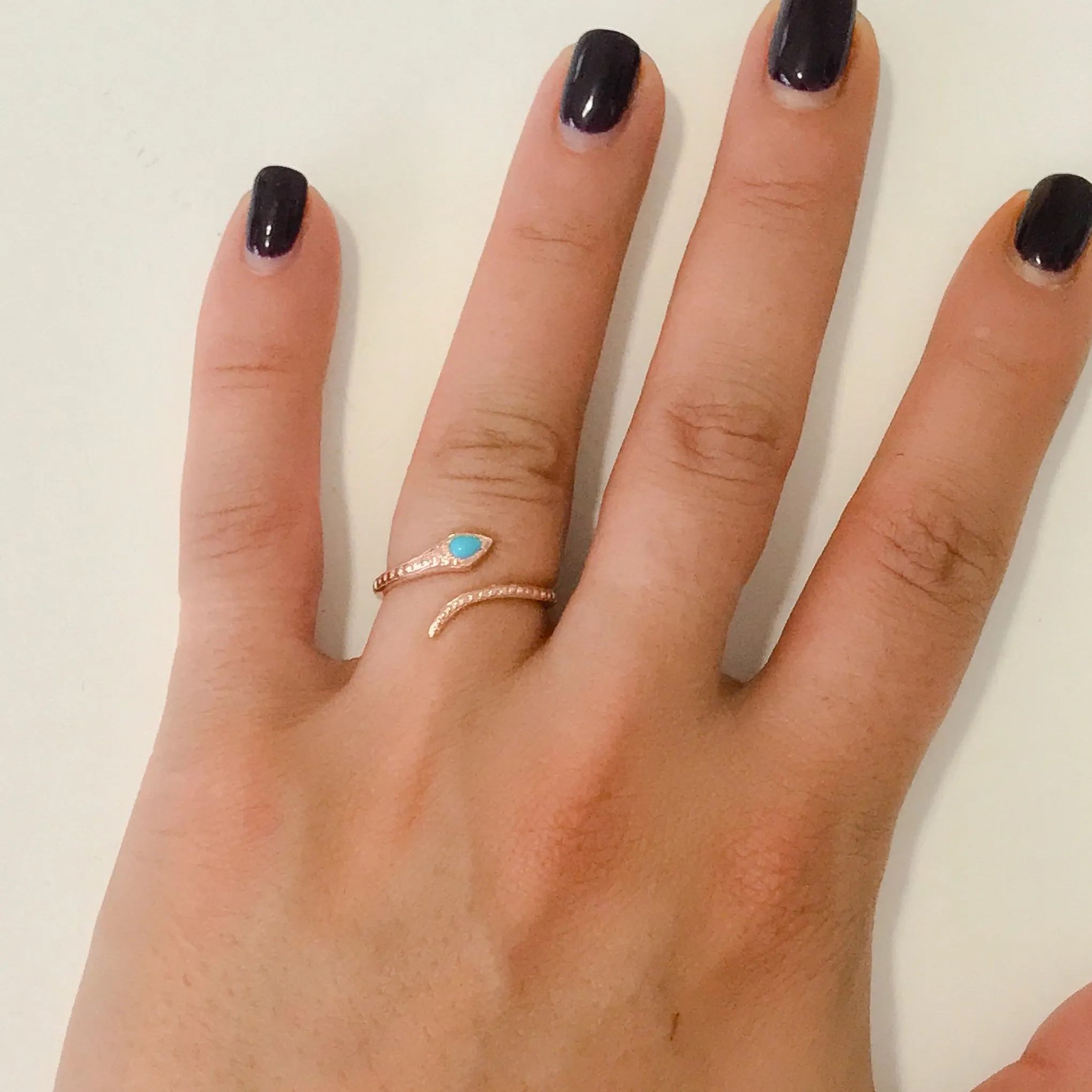 14K Gold Thin Snake Wrap Bypass Ring with Turquoise Cobra Head