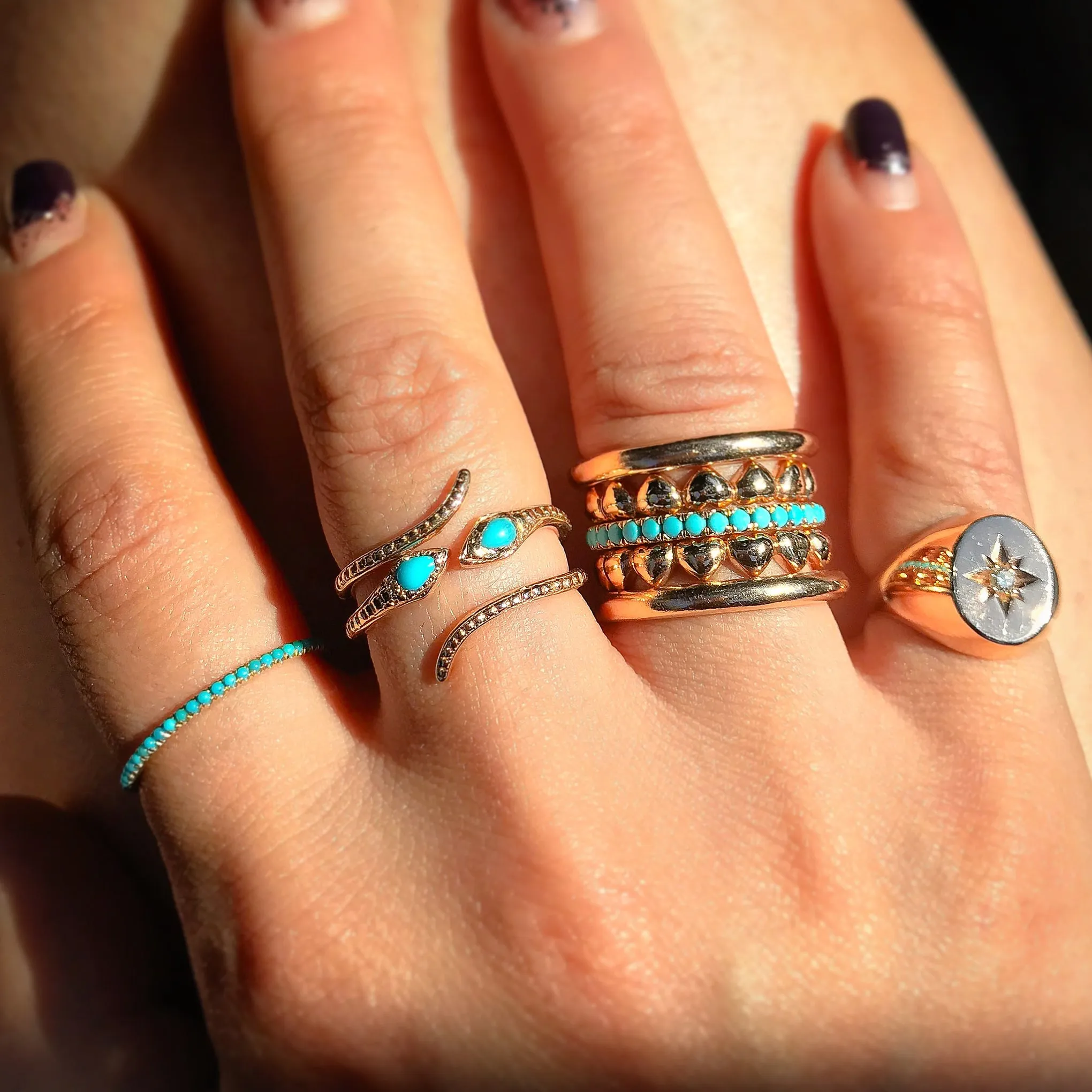 14K Gold Thin Snake Wrap Bypass Ring with Turquoise Cobra Head