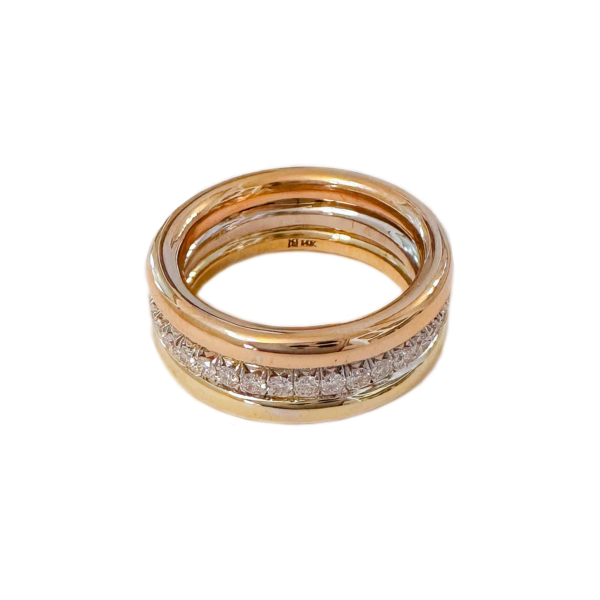 14K Tri-Color Gold Diamond Triple Round Eternity Band Ring