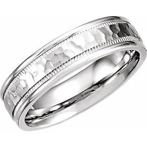 14K White 6 mm Half Round Band with Milgrain & Hammer Finish Size 7