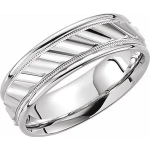 14K White 6.75 mm Ridged Band with Milgrain Size 9