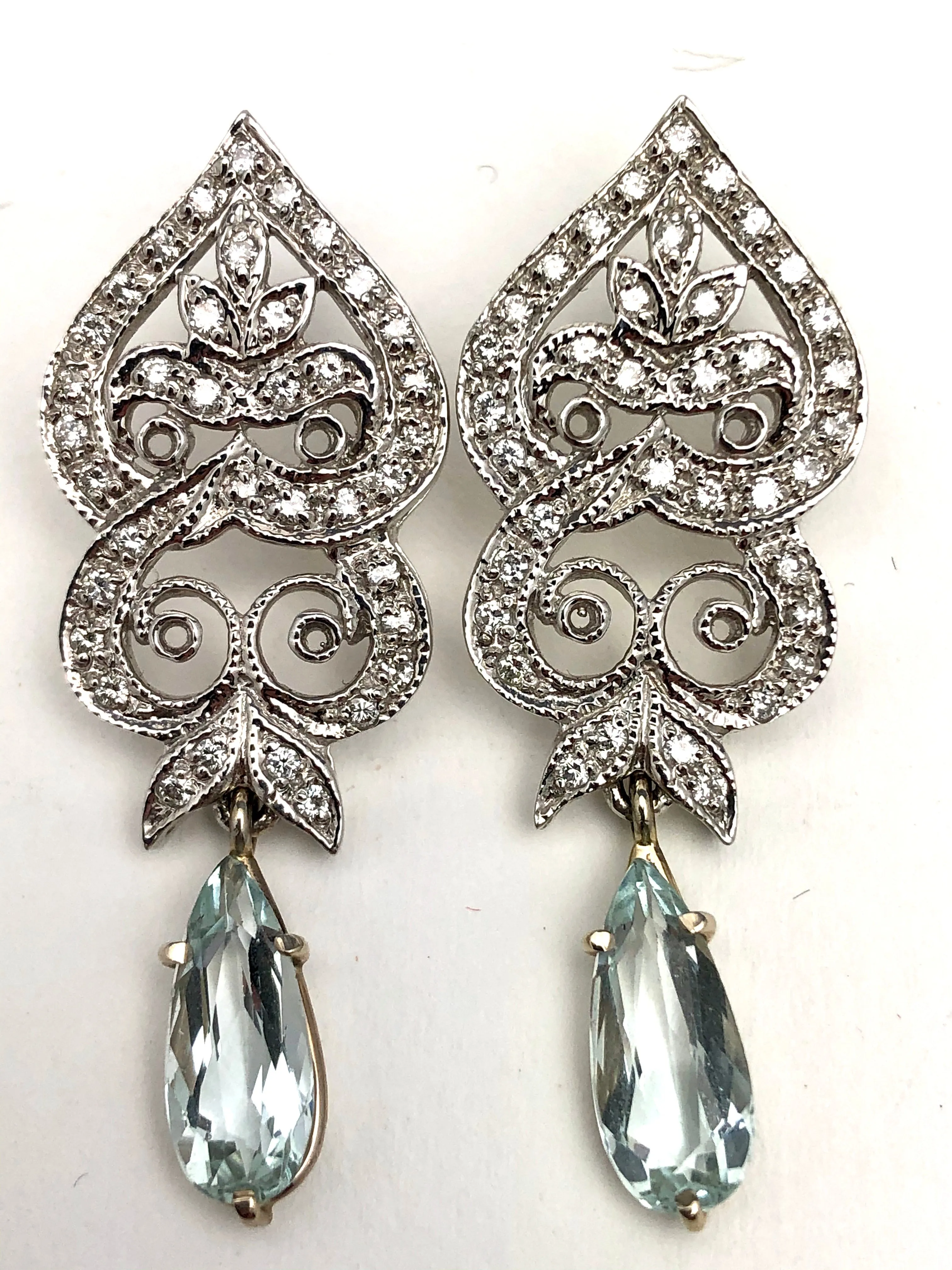 14K White Gold Diamond Aquamarine Earrings