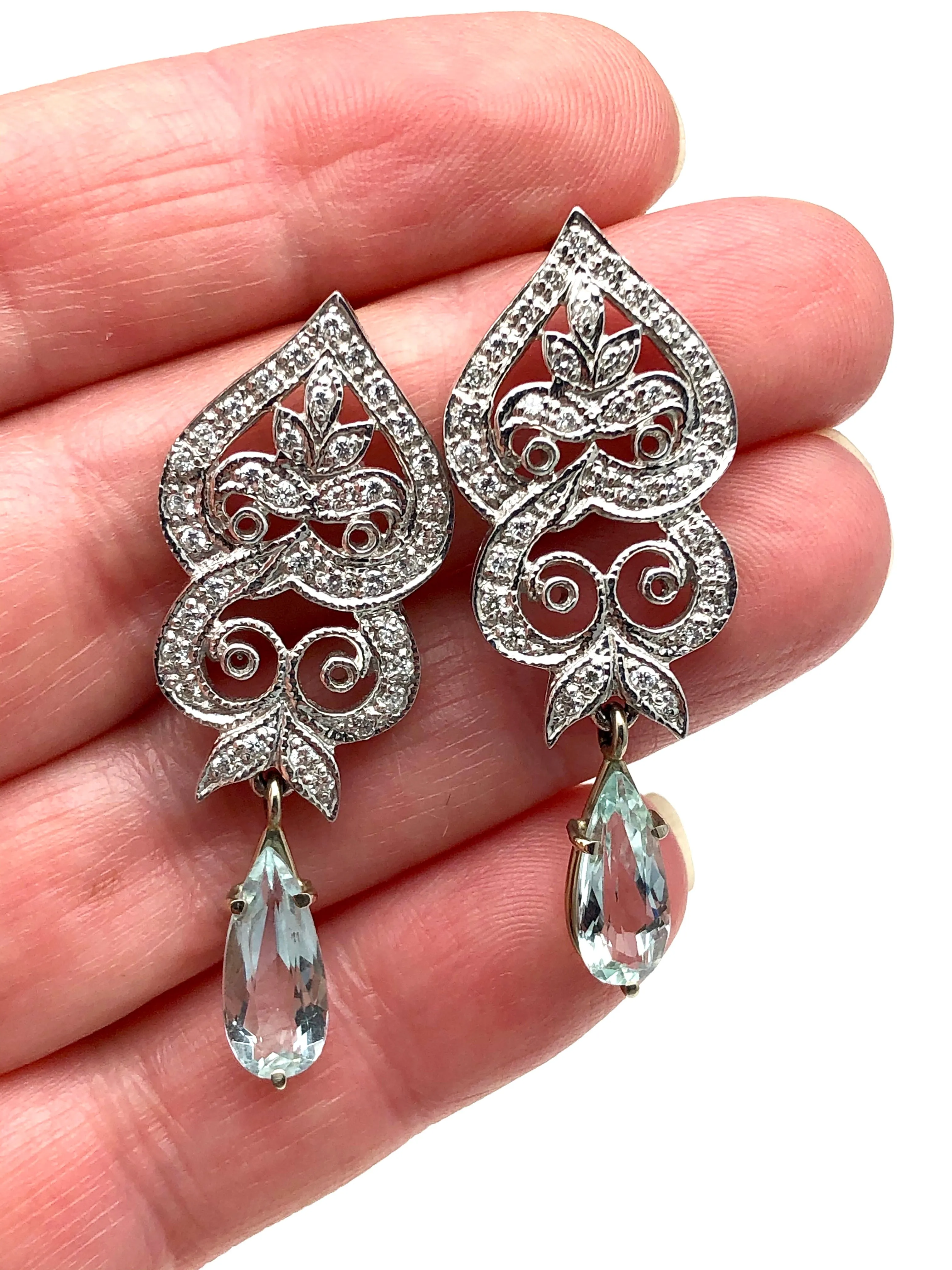 14K White Gold Diamond Aquamarine Earrings