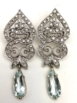 14K White Gold Diamond Aquamarine Earrings