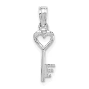 14K White Gold Rhodium 3-D Key with Heart Design Charm Pendant