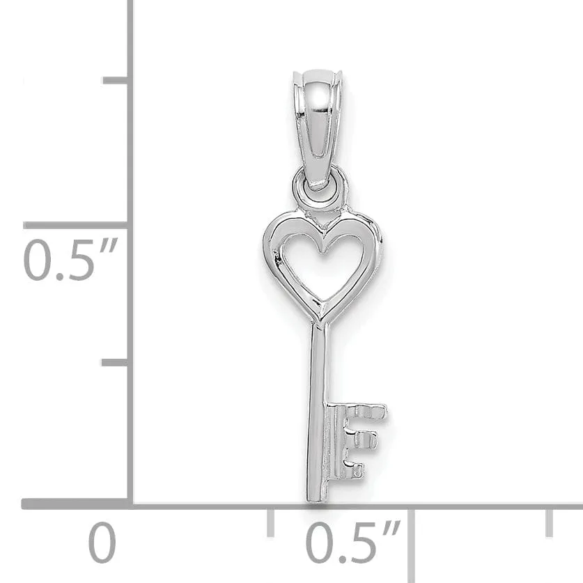 14K White Gold Rhodium 3-D Key with Heart Design Charm Pendant