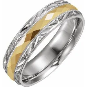 14K White/Yellow 6 mm Design-Engraved Band with Milgrain Size 10.5