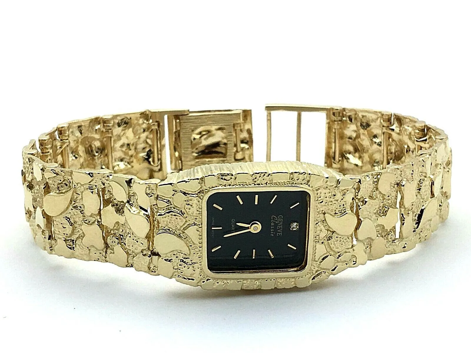 14k Yellow Gold Nugget Link Wrist Watch Bracelet Geneve Diamond Watch 7" 46.3g