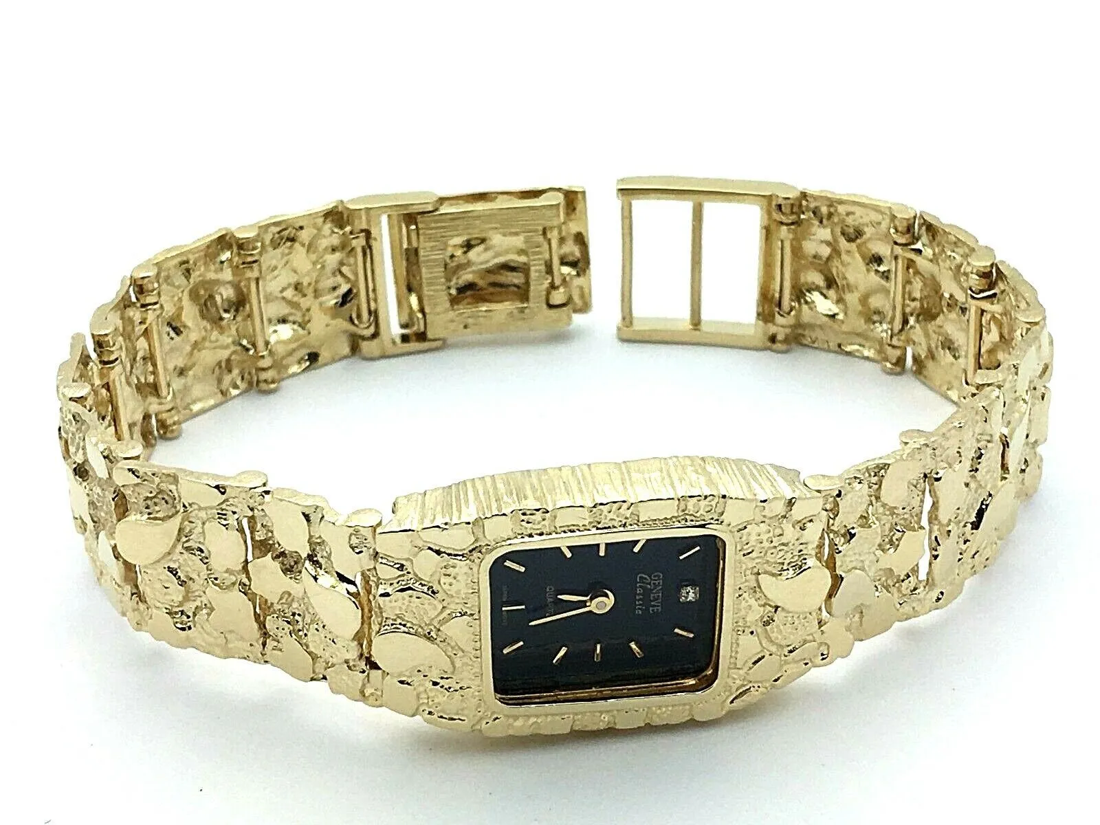 14k Yellow Gold Nugget Link Wrist Watch Bracelet Geneve Diamond Watch 7" 46.3g