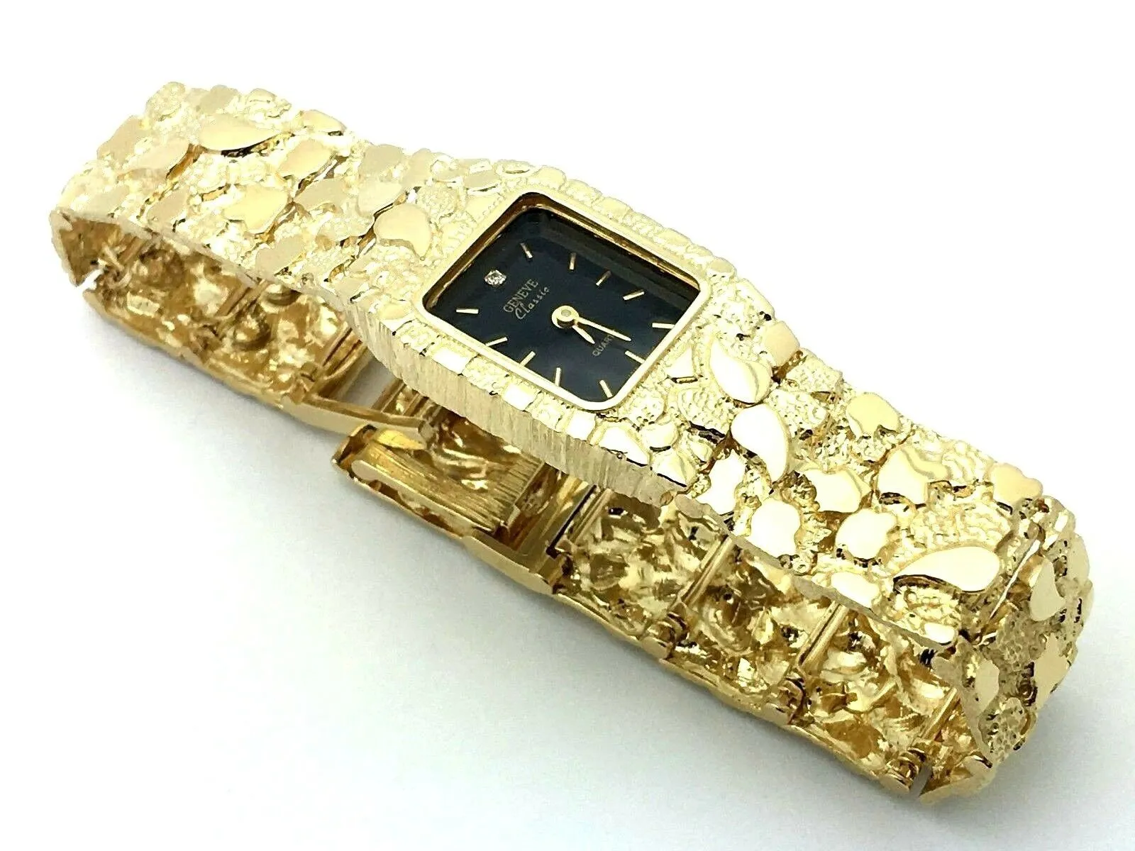 14k Yellow Gold Nugget Link Wrist Watch Bracelet Geneve Diamond Watch 7" 46.3g